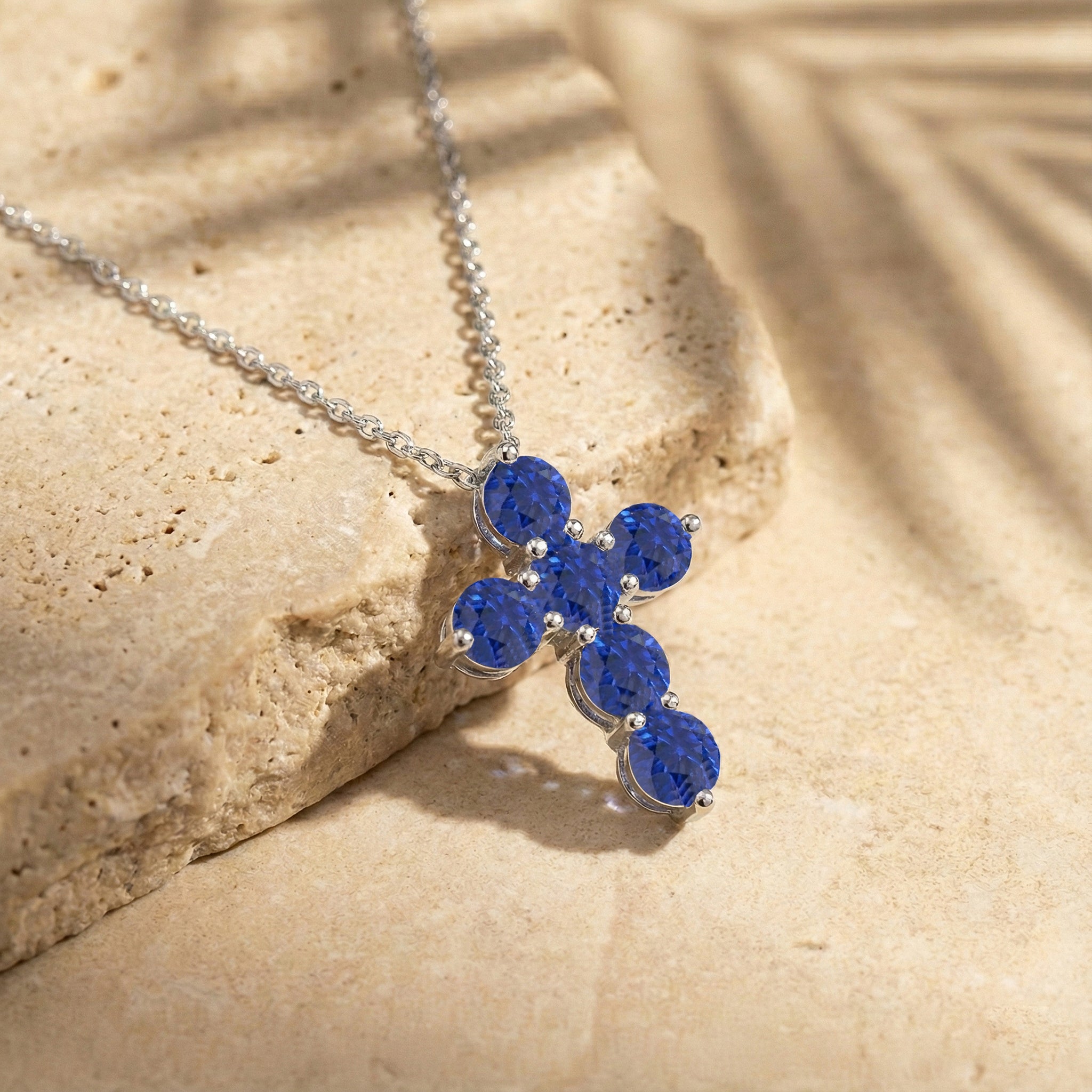 Blue Sapphire Round Cross Pendant Necklace in 925 Sterling Silver 3.90ct