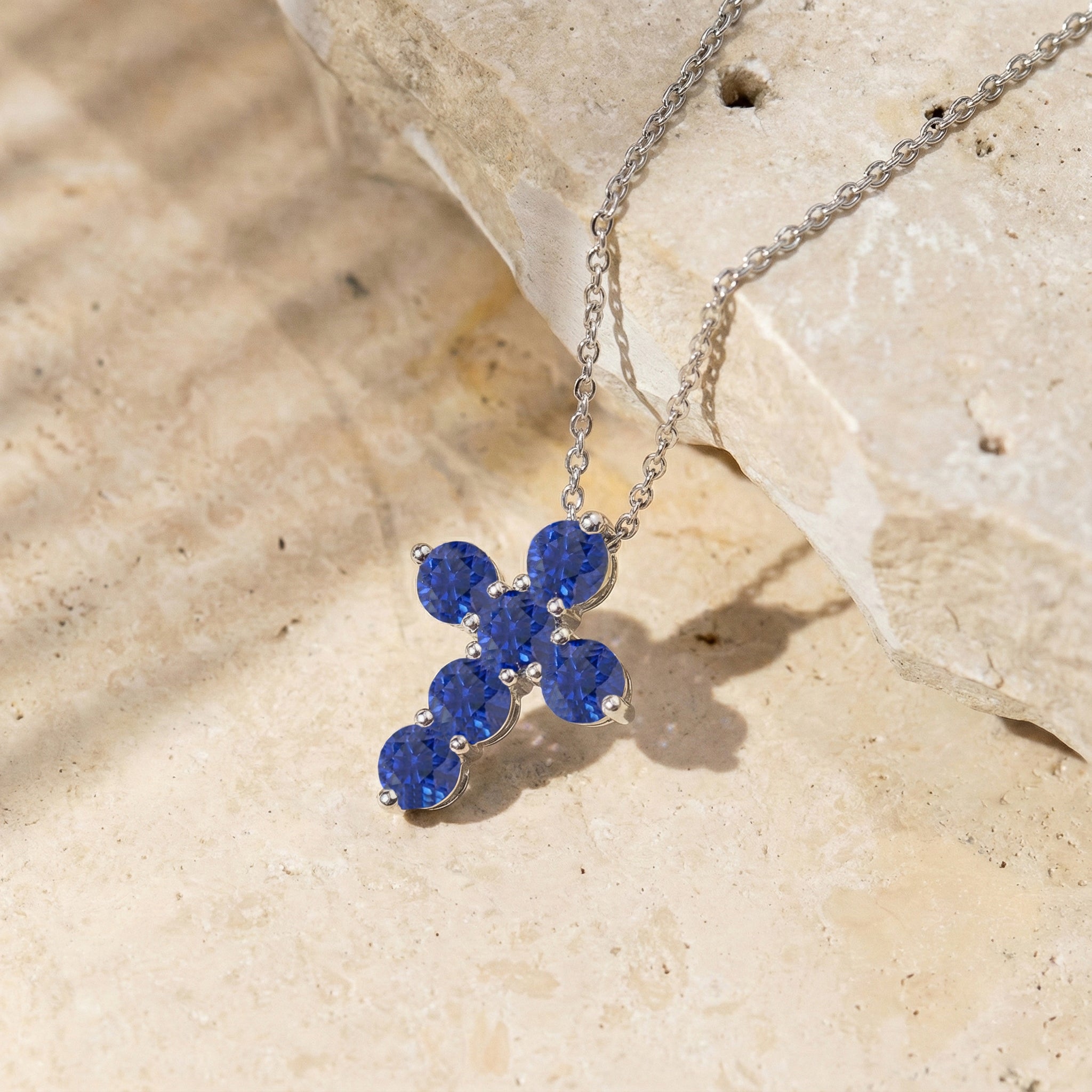Blue Sapphire Round Cross Pendant Necklace in 925 Sterling Silver 3.90ct
