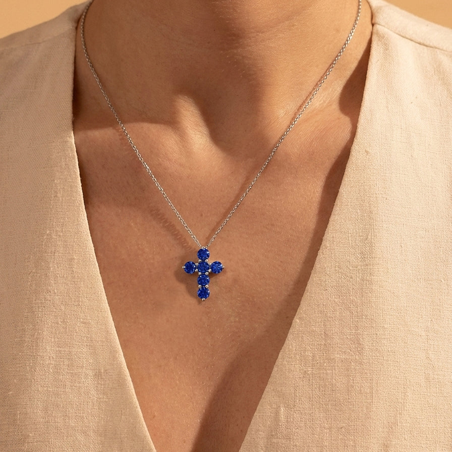 Blue Sapphire Round Cross Pendant Necklace in 925 Sterling Silver 3.90ct