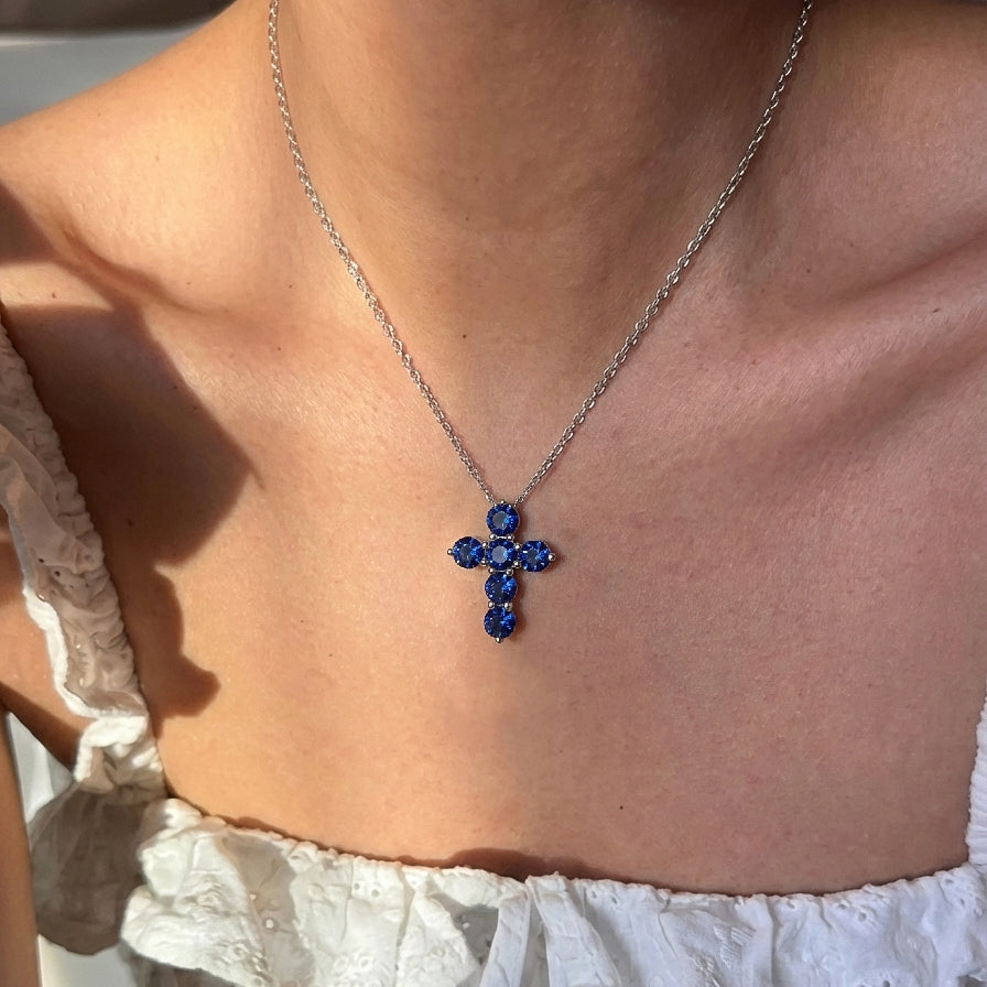 Blue Sapphire Round Cross Pendant Necklace in 925 Sterling Silver 3.90ct