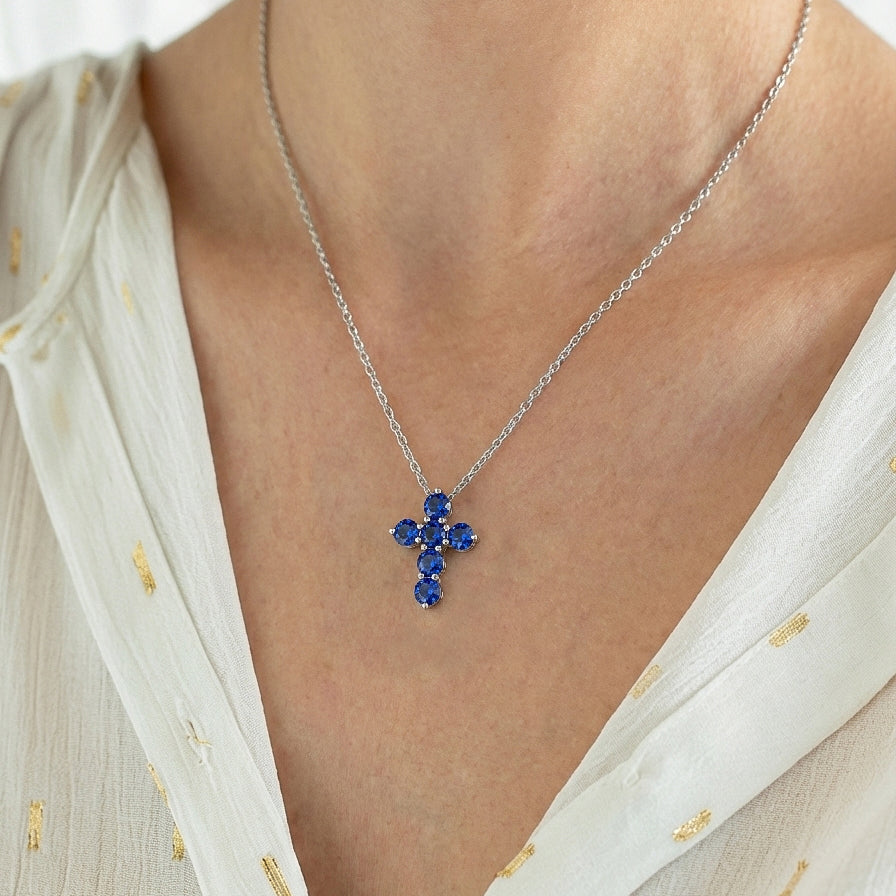 Blue Sapphire Round Cross Pendant Necklace in 925 Sterling Silver 3.90ct