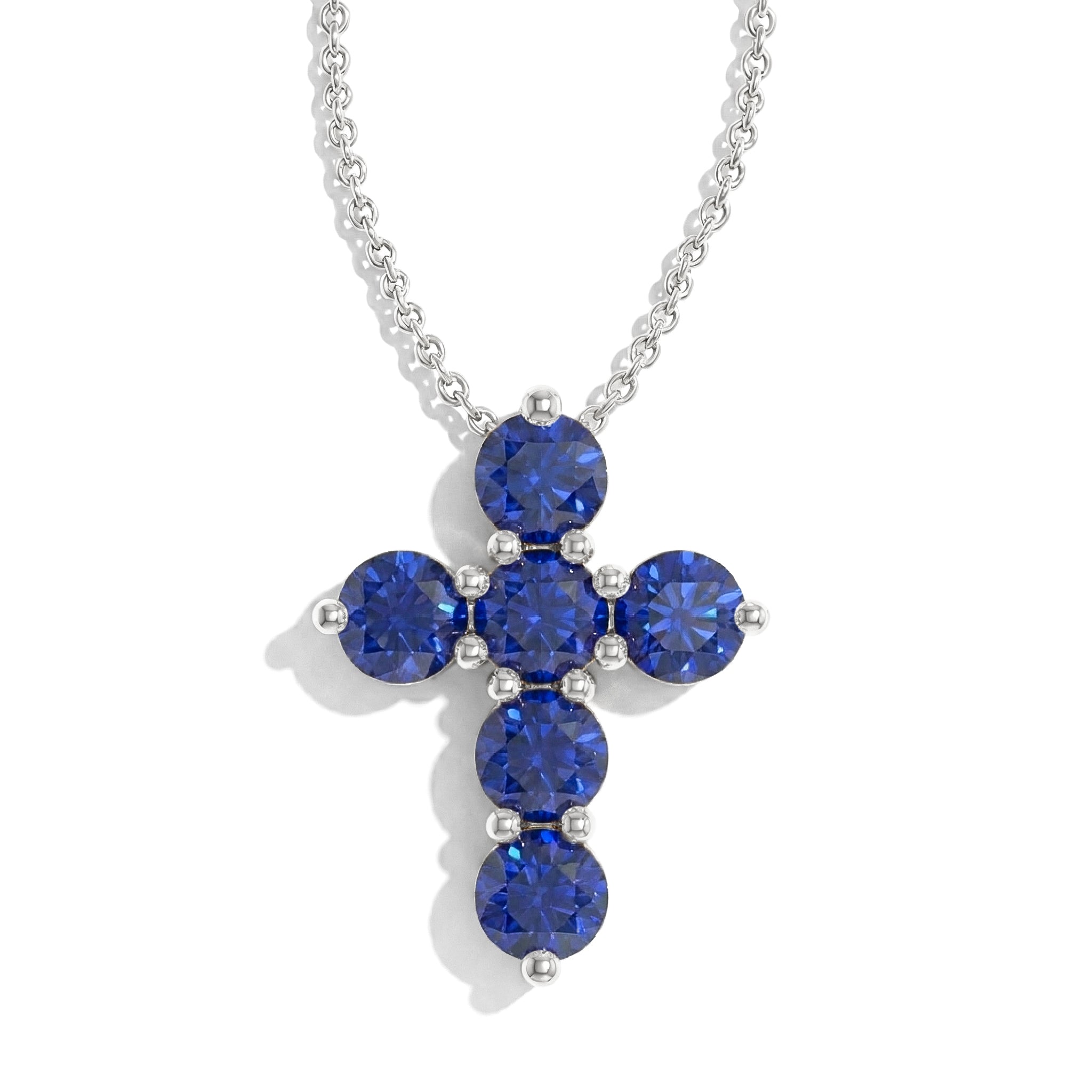 Blue Sapphire Round Cross Pendant Necklace in 925 Sterling Silver 3.90ct