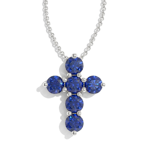 Blue Sapphire Round Cross Pendant Necklace in 925 Sterling Silver 3.90ct