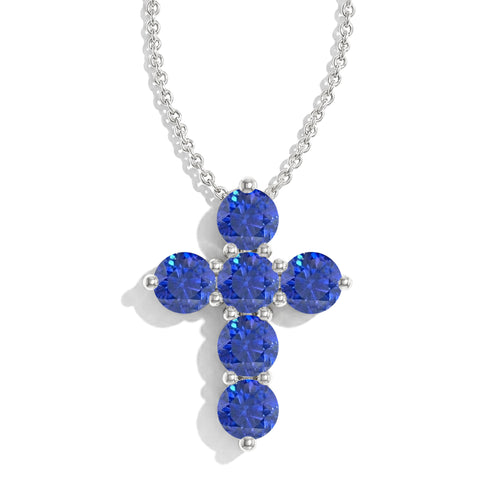 Blue Sapphire Round Cross Pendant Necklace in 925 Sterling Silver 3.90ct