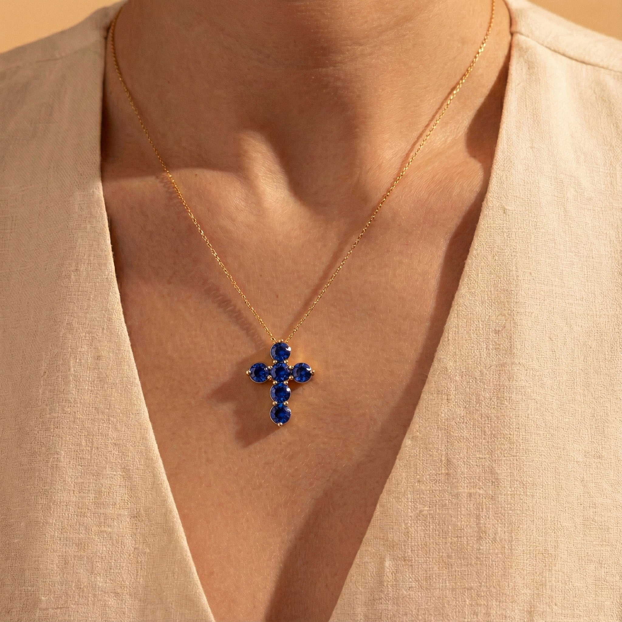 Blue Sapphire Round Cross Pendant Necklace in Yellow Gold Plated 3.90ct
