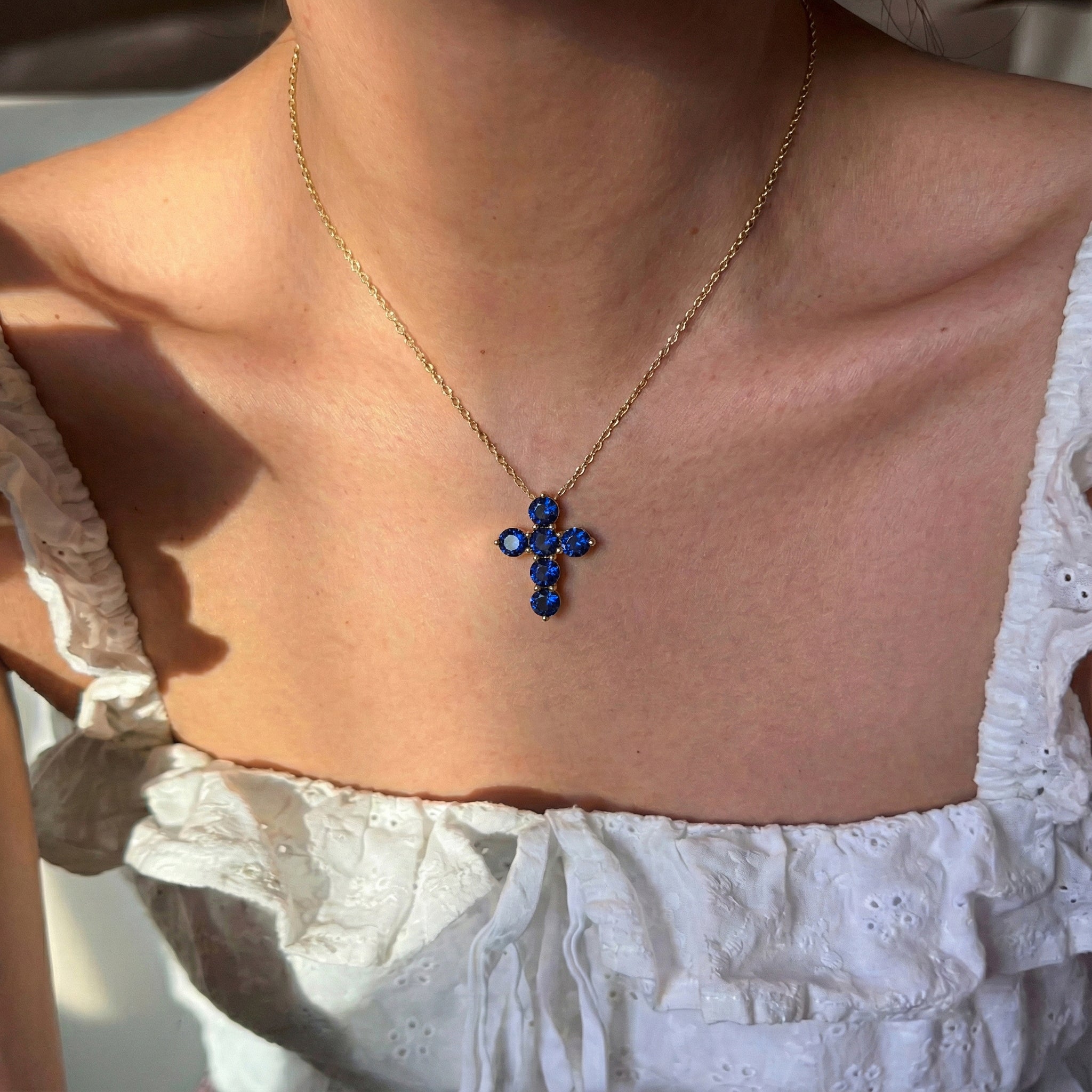 Blue Sapphire Round Cross Pendant Necklace in Yellow Gold Plated 3.90ct