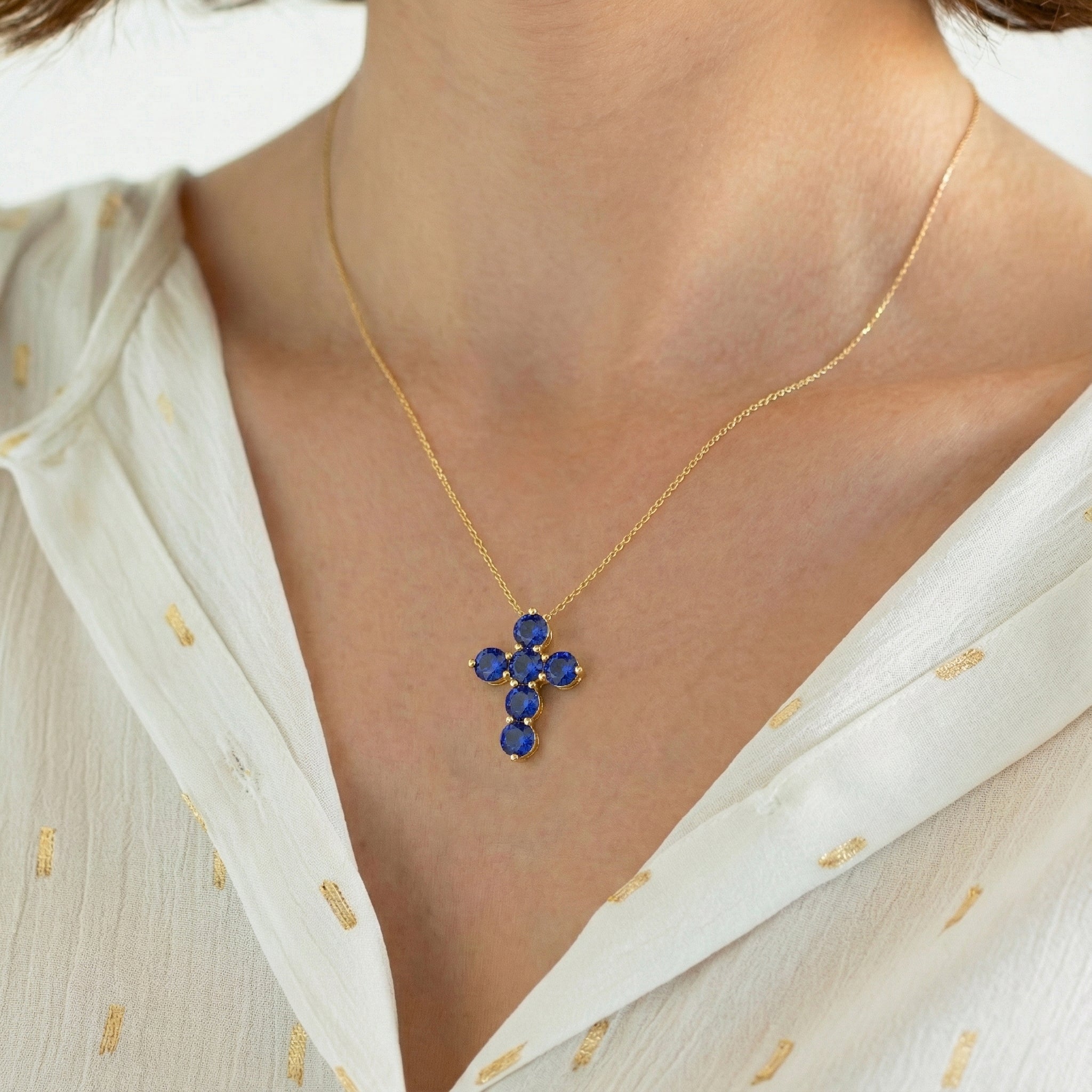 Blue Sapphire Round Cross Pendant Necklace in Yellow Gold Plated 3.90ct