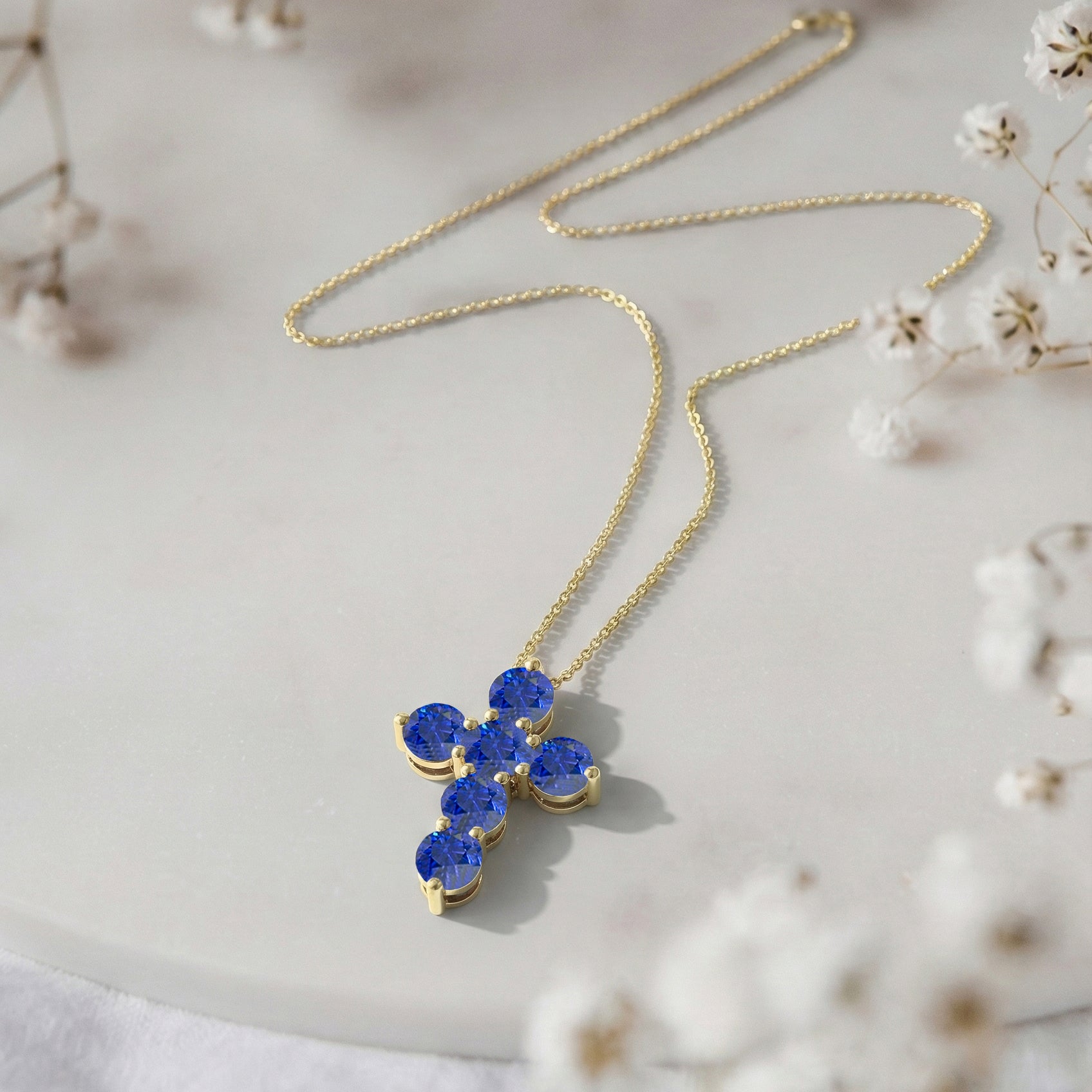 Blue Sapphire Round Cross Pendant Necklace in 925 Sterling Silver 3.90ct