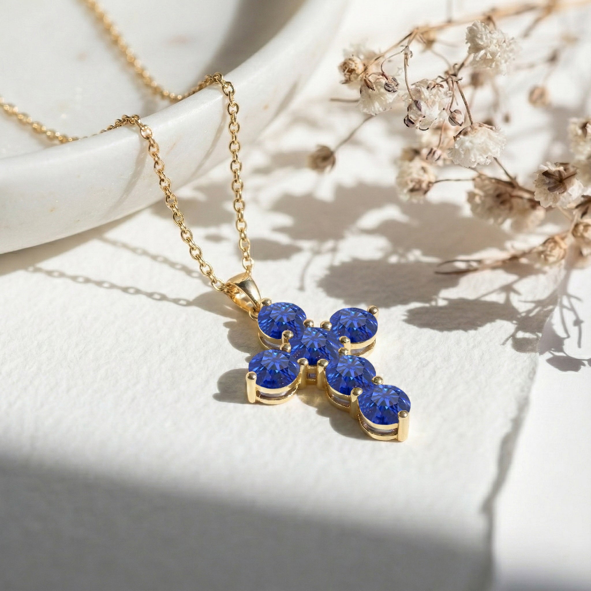 Blue Sapphire Round Cross Pendant Necklace in 925 Sterling Silver 3.90ct