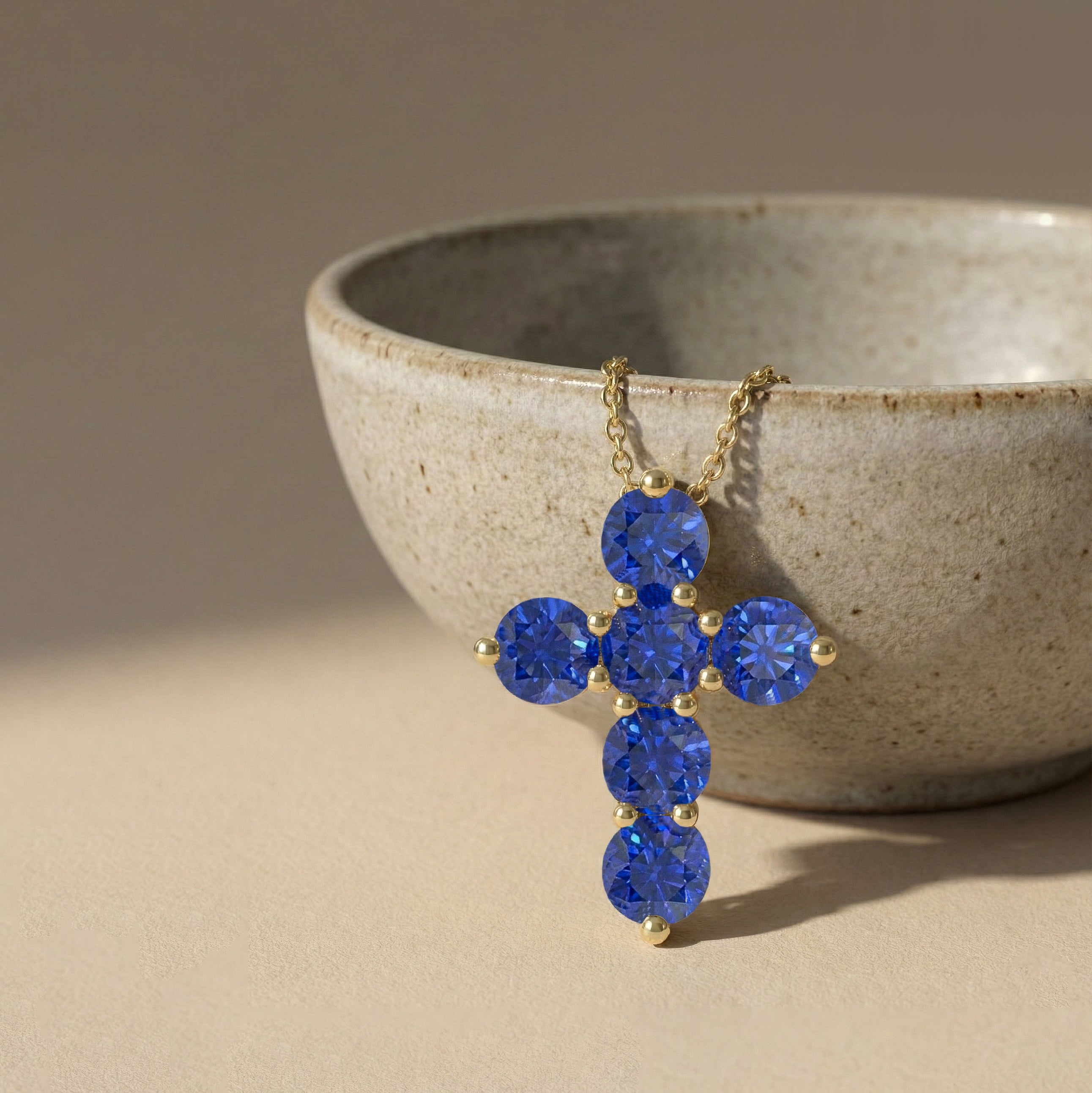 Blue Sapphire Round Cross Pendant Necklace in 925 Sterling Silver 3.90ct