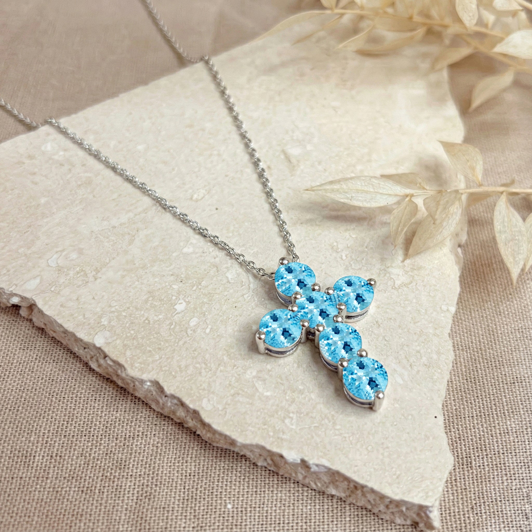 Blue Topaz Round Cross Pendant Necklace in 925 Sterling Silver 3.90ct
