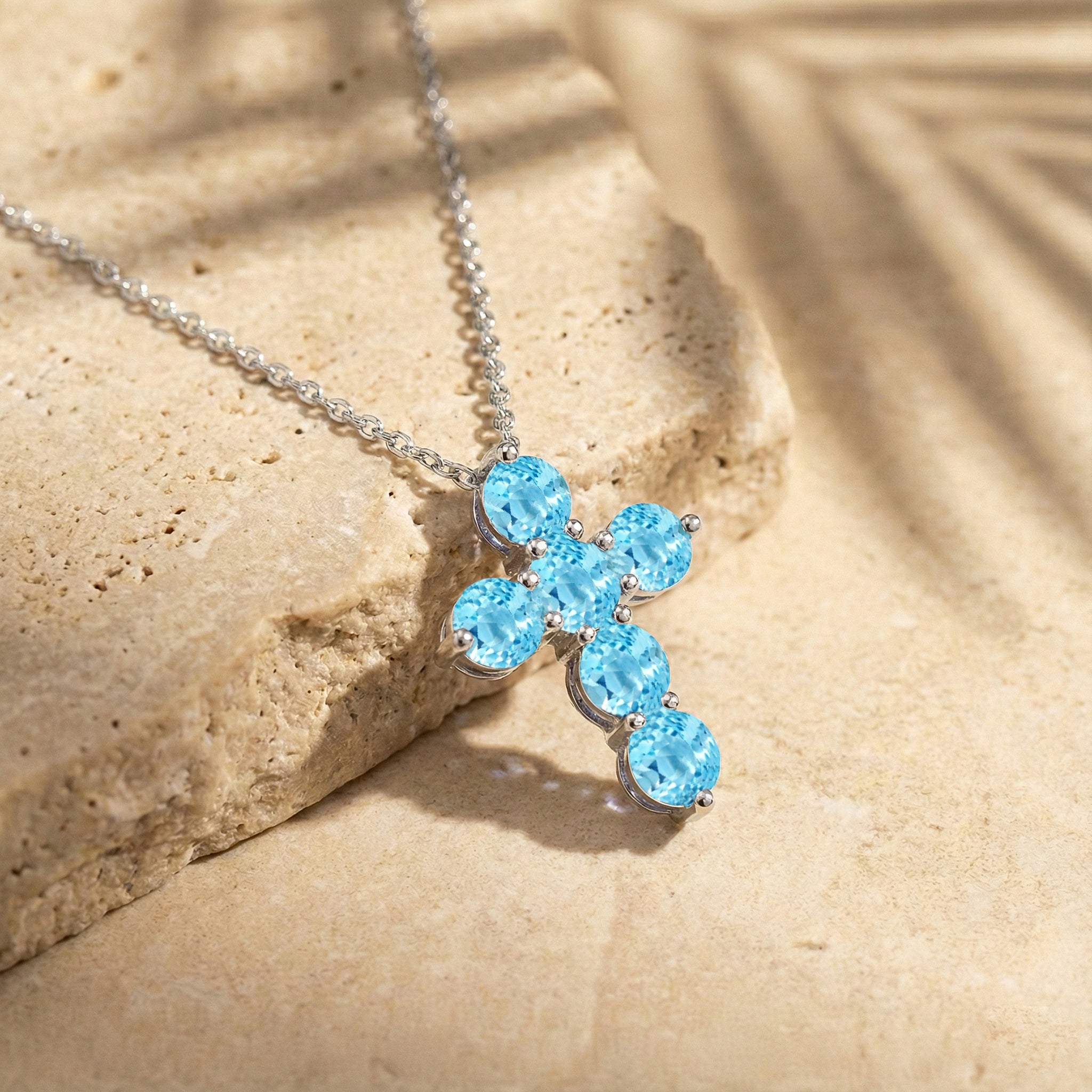 Blue Topaz Round Cross Pendant Necklace in 925 Sterling Silver 3.90ct