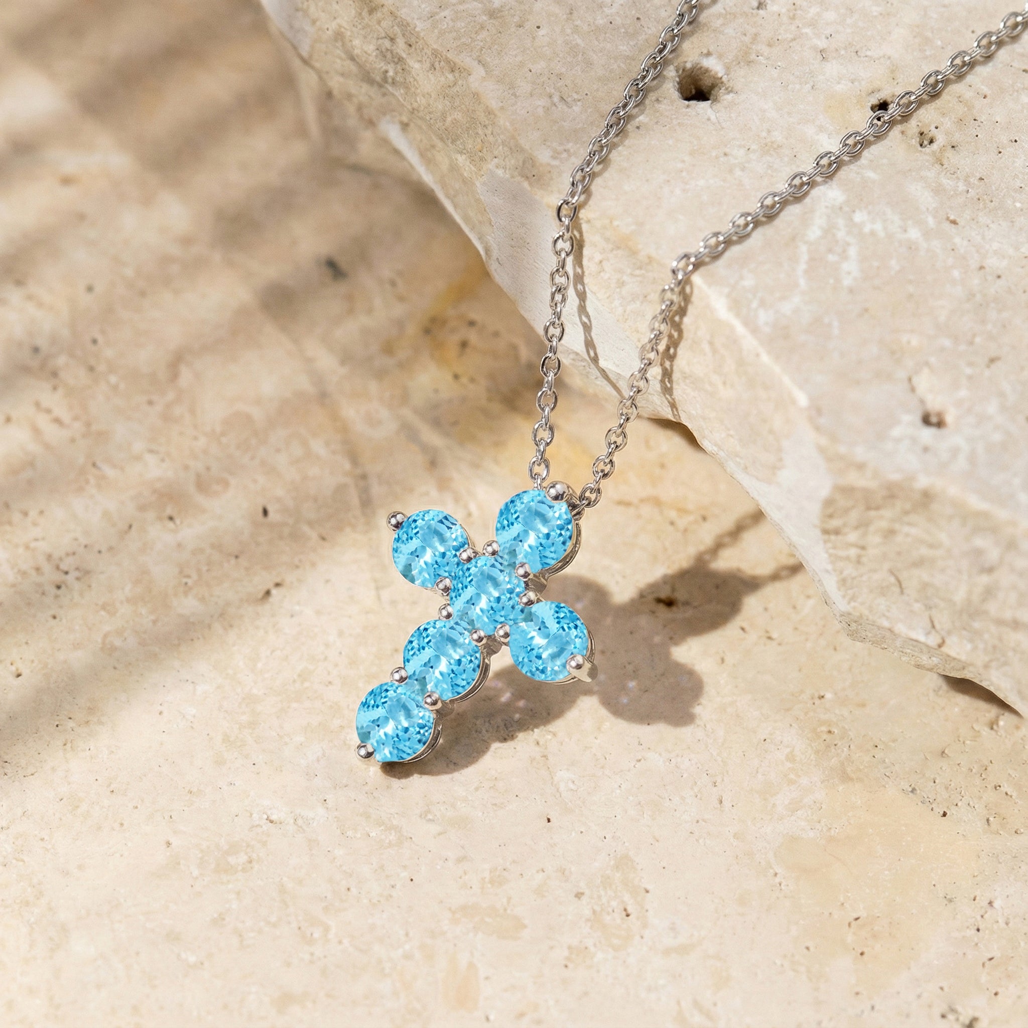 Blue Topaz Round Cross Pendant Necklace in 925 Sterling Silver 3.90ct