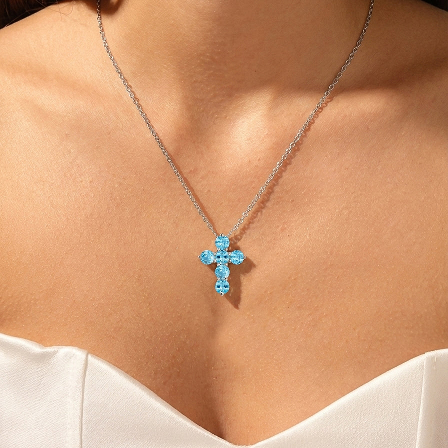 Blue Topaz Round Cross Pendant Necklace in 925 Sterling Silver 3.90ct