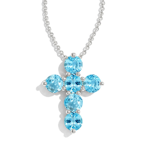 Blue Topaz Round Cross Pendant Necklace in 925 Sterling Silver 3.90ct