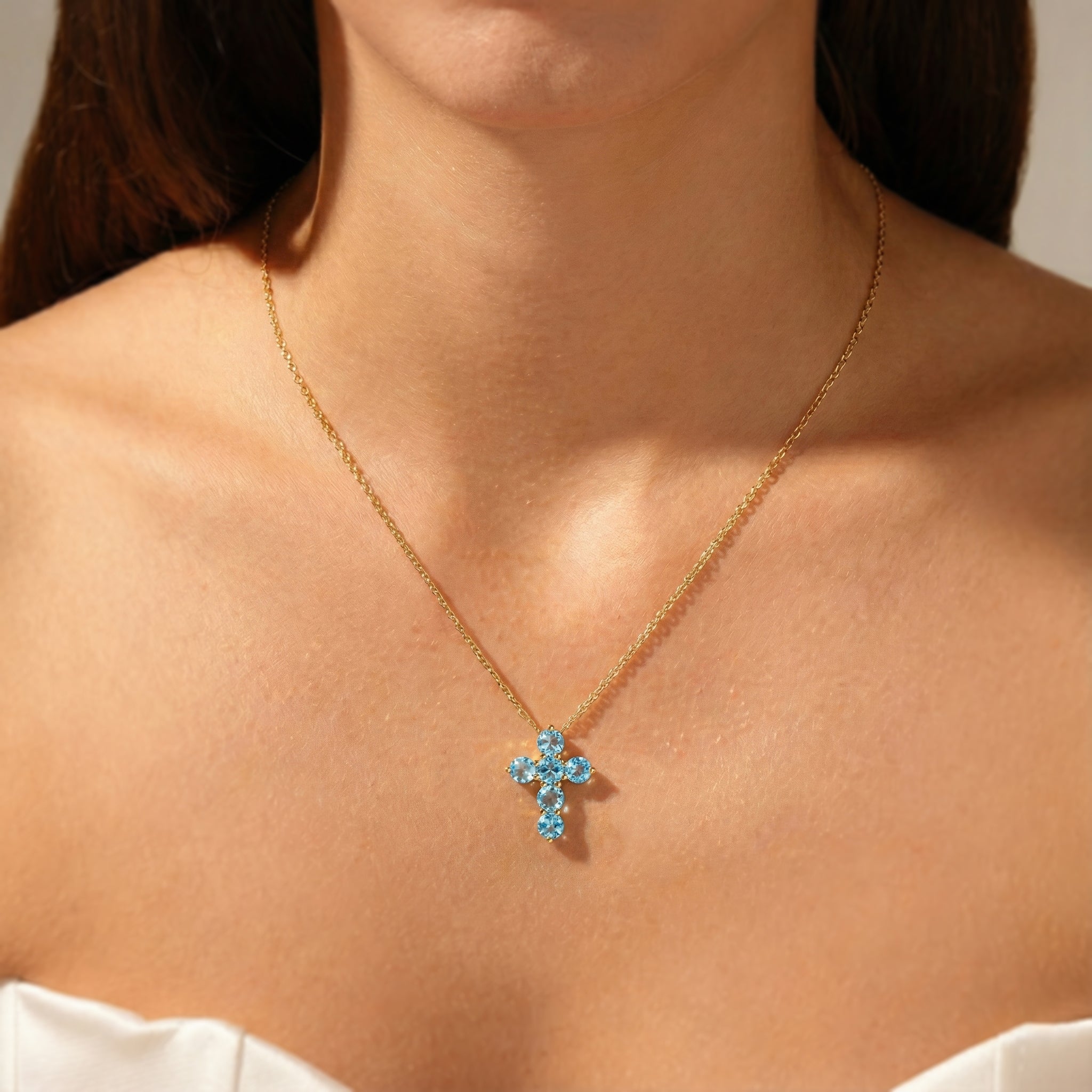Blue Topaz Round Cross Pendant Necklace in Yellow Gold Plated 3.90ct