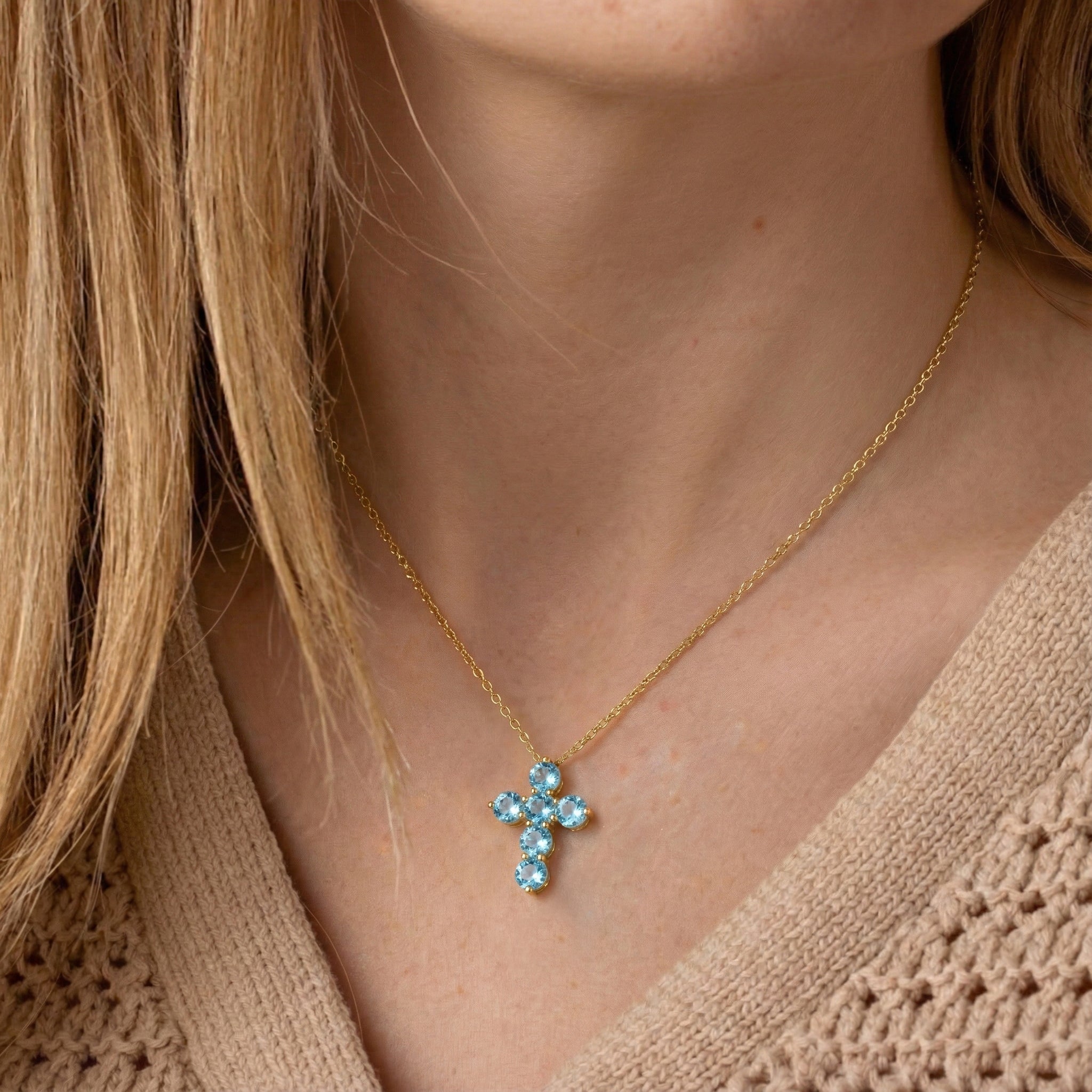 Blue Topaz Round Cross Pendant Necklace in Yellow Gold Plated 3.90ct