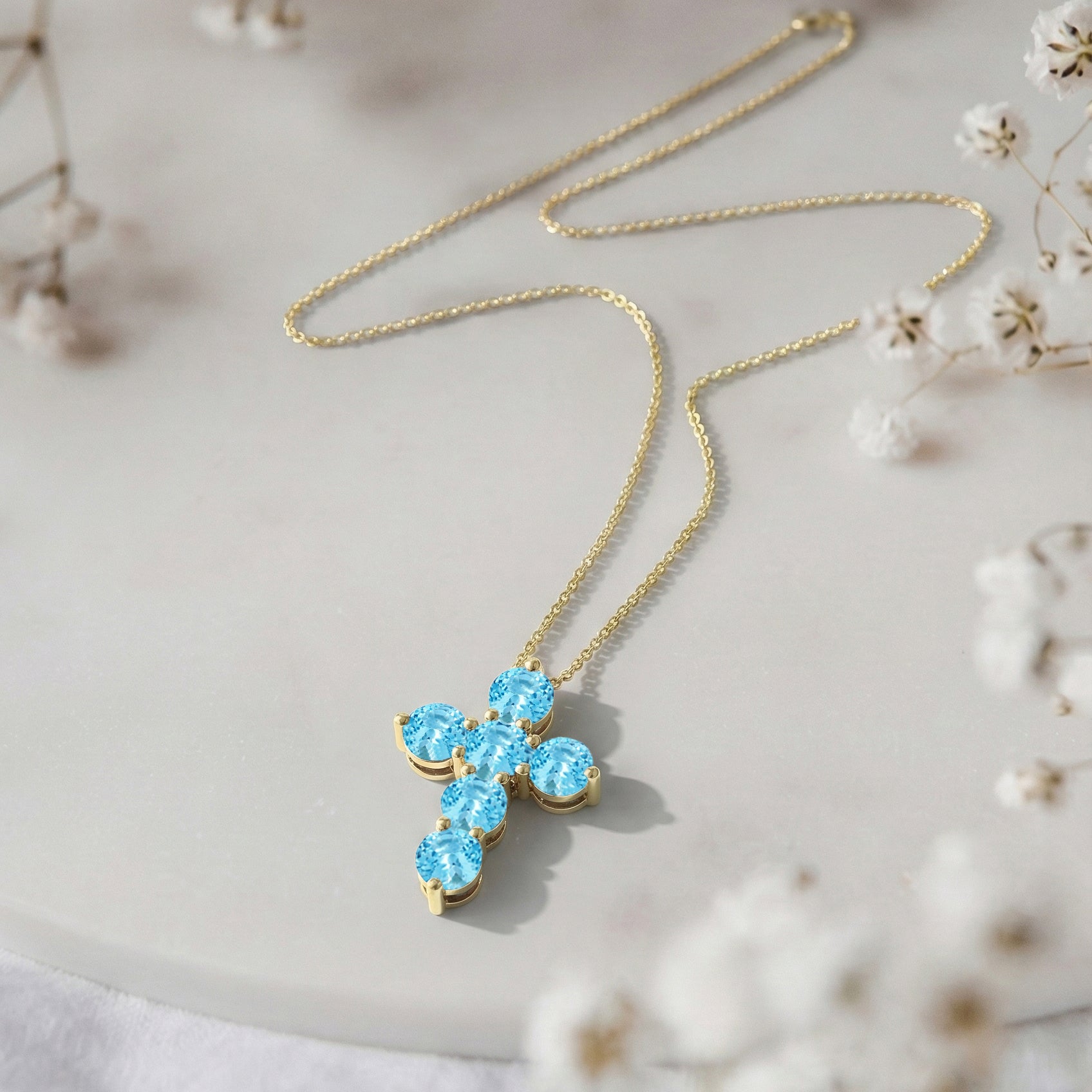 Blue Topaz Round Cross Pendant Necklace in 925 Sterling Silver 3.90ct