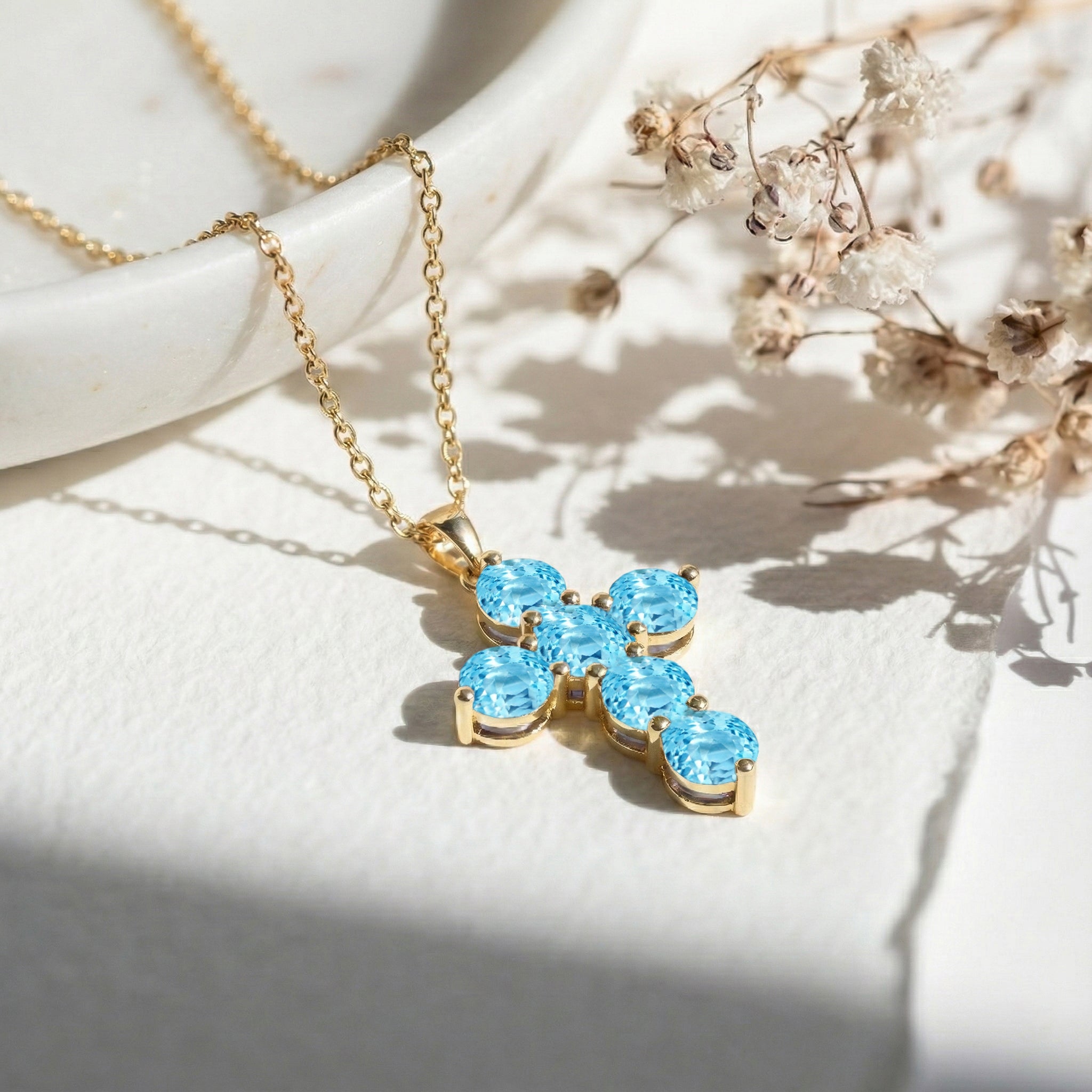 Blue Topaz Round Cross Pendant Necklace in 925 Sterling Silver 3.90ct