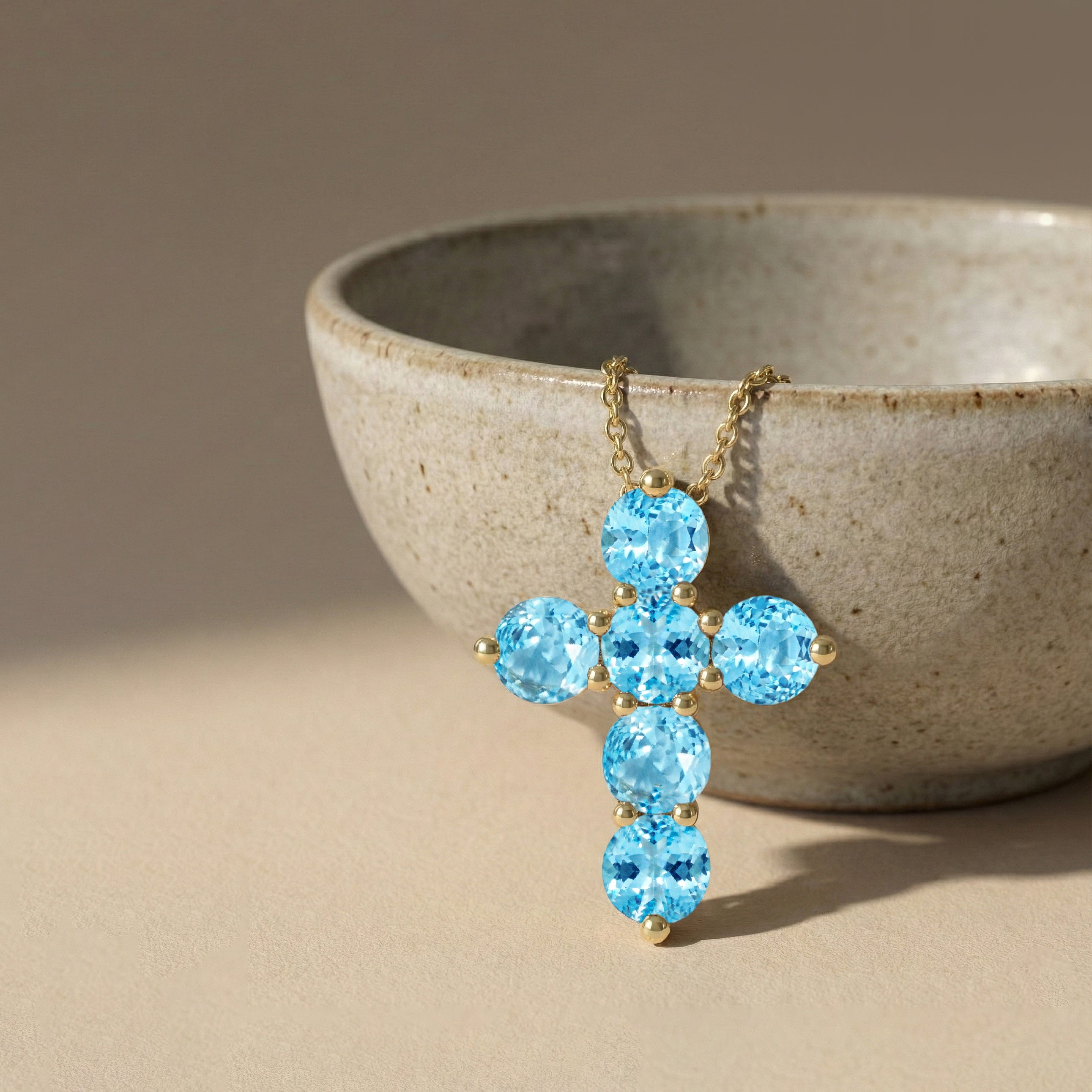 Blue Topaz Round Cross Pendant Necklace in Yellow Gold Plated 3.90ct