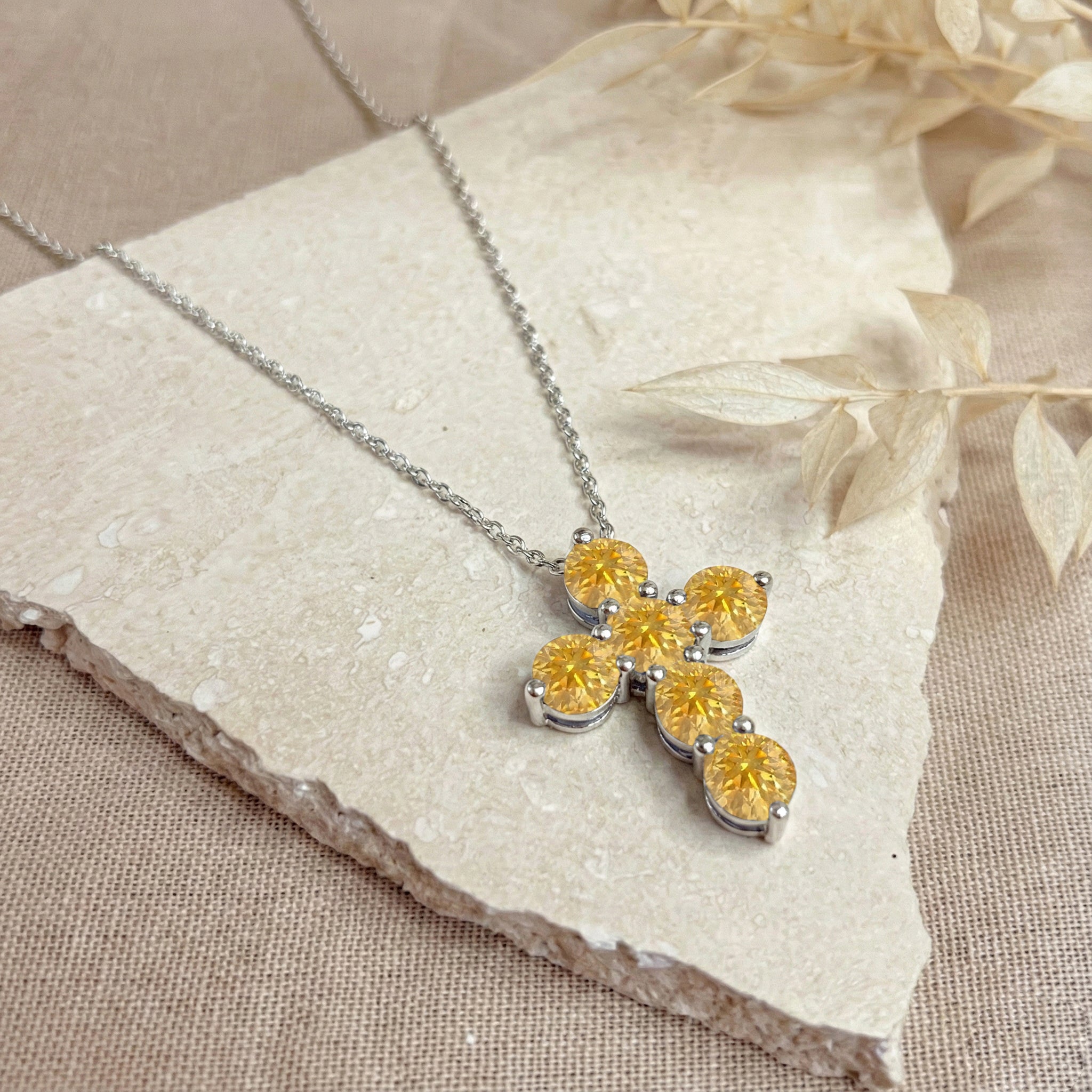 Citrine Round Cross Pendant Necklace in 925 Sterling Silver 3.90ct
