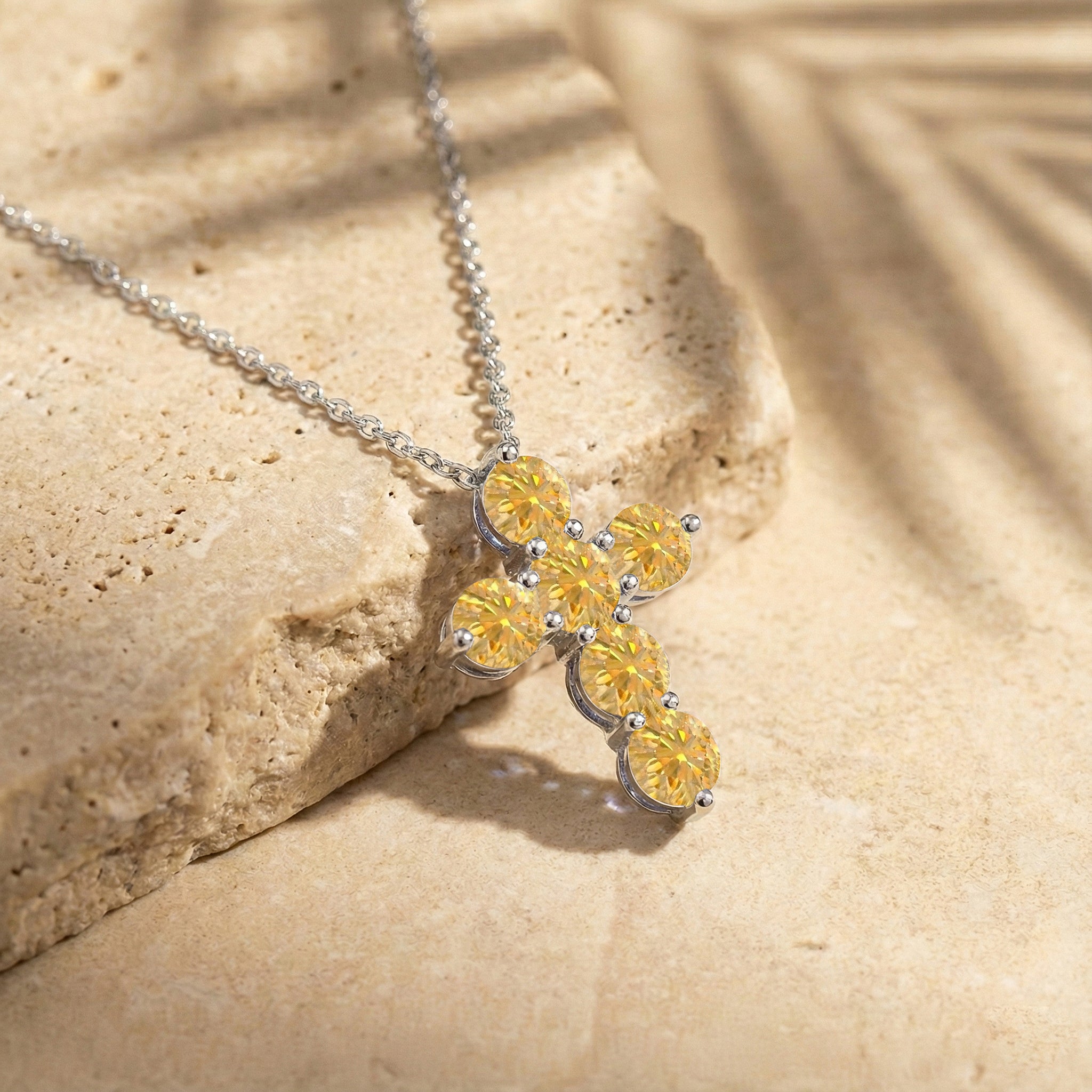 Citrine Round Cross Pendant Necklace in 925 Sterling Silver 3.90ct