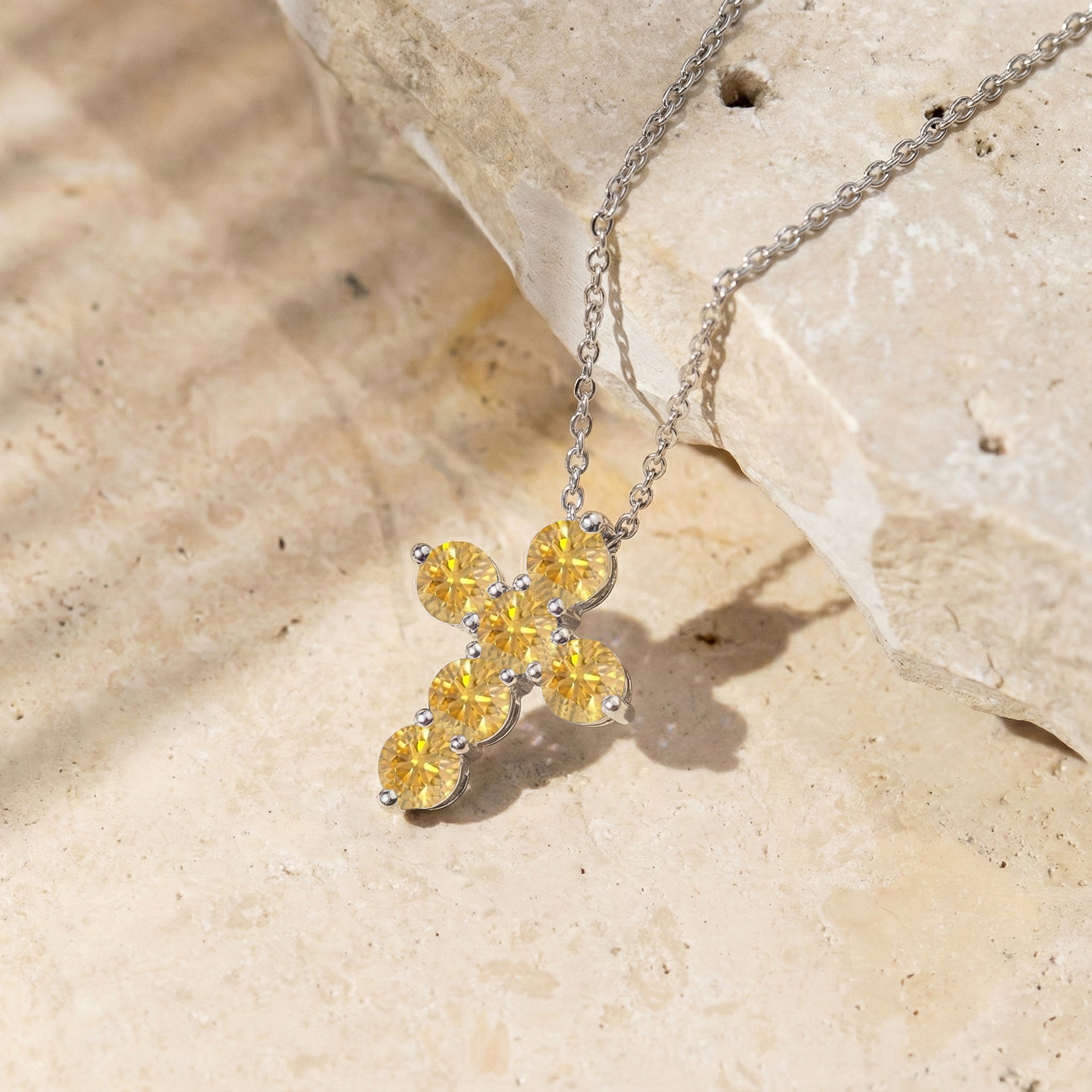 Citrine Round Cross Pendant Necklace in 925 Sterling Silver 3.90ct