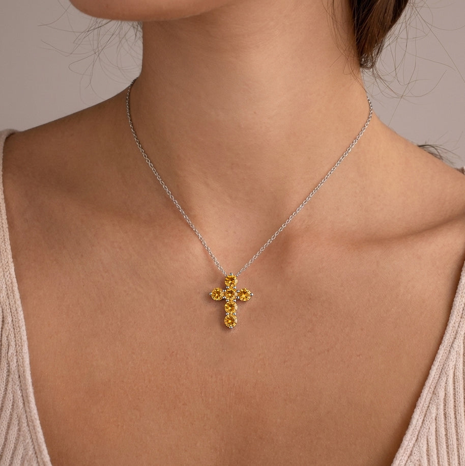 Citrine Round Cross Pendant Necklace in 925 Sterling Silver 3.90ct