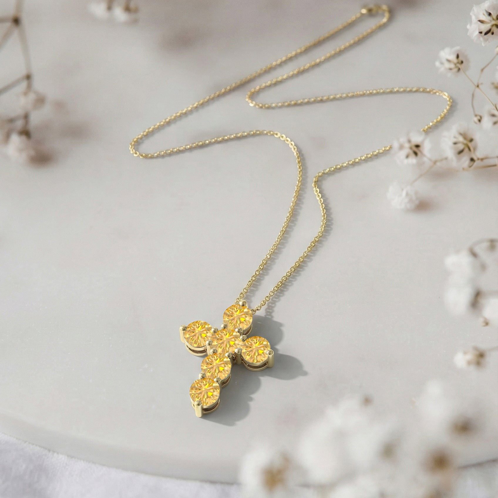 Citrine Round Cross Pendant Necklace in Yellow Gold Plated 3.90ct