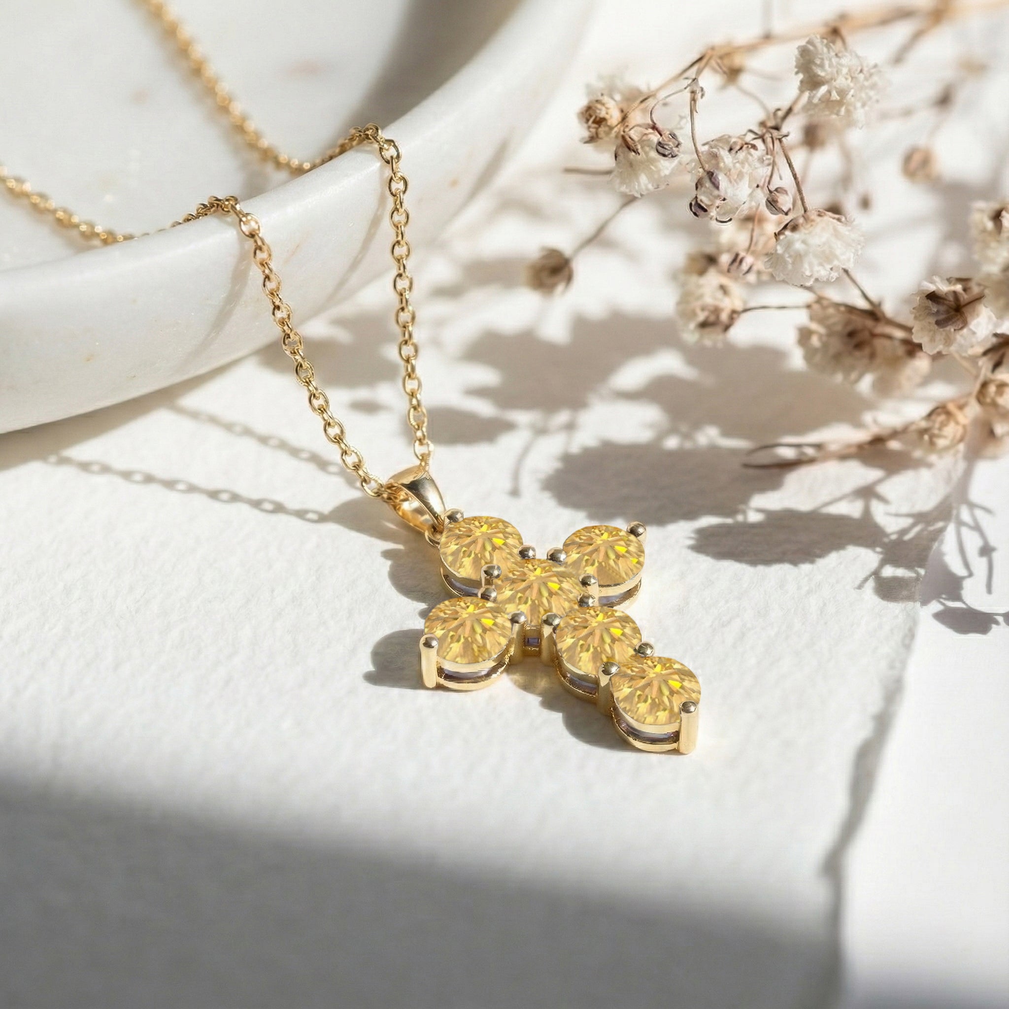 Citrine Round Cross Pendant Necklace in 925 Sterling Silver 3.90ct