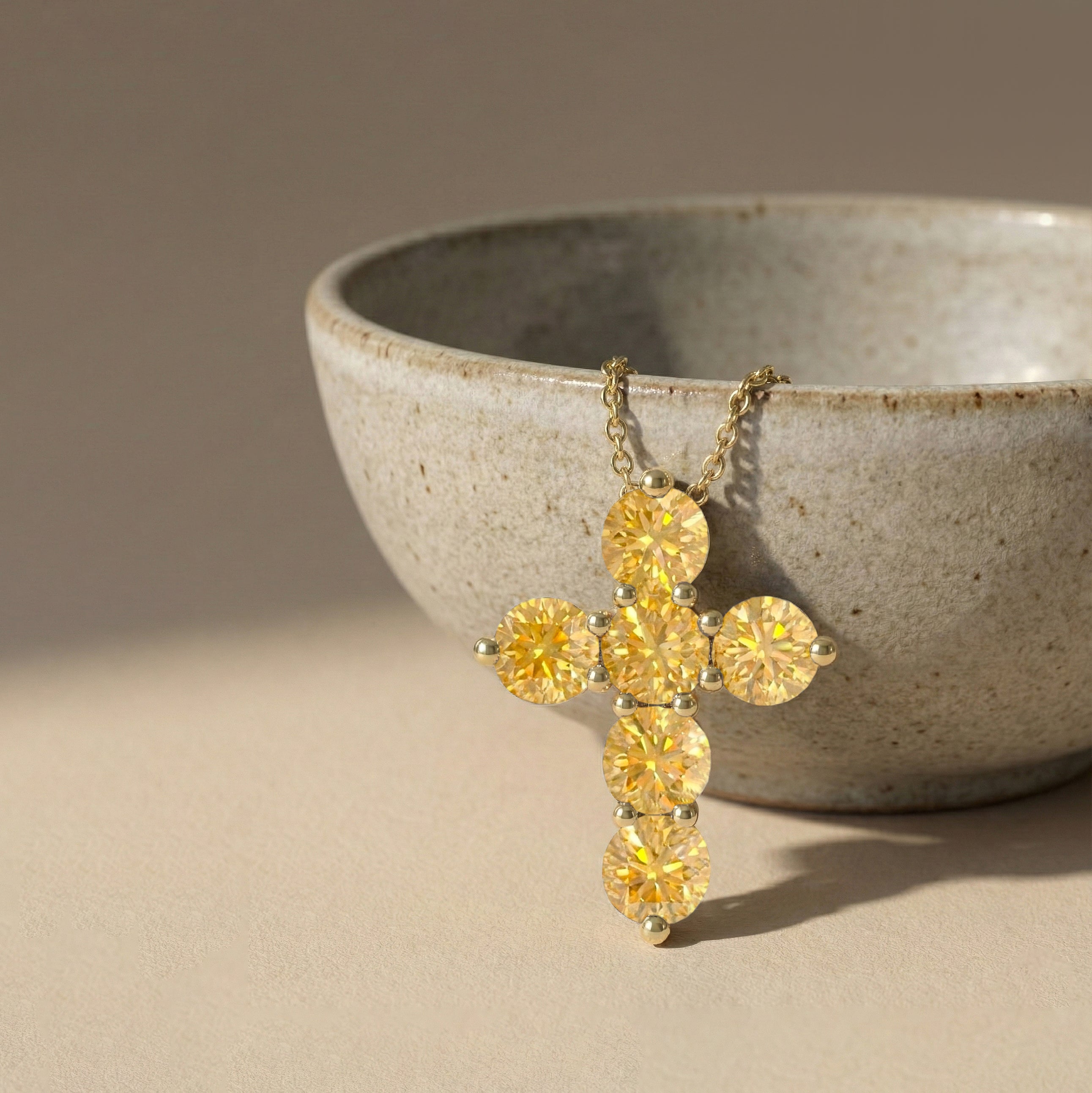 Citrine Round Cross Pendant Necklace in Yellow Gold Plated 3.90ct