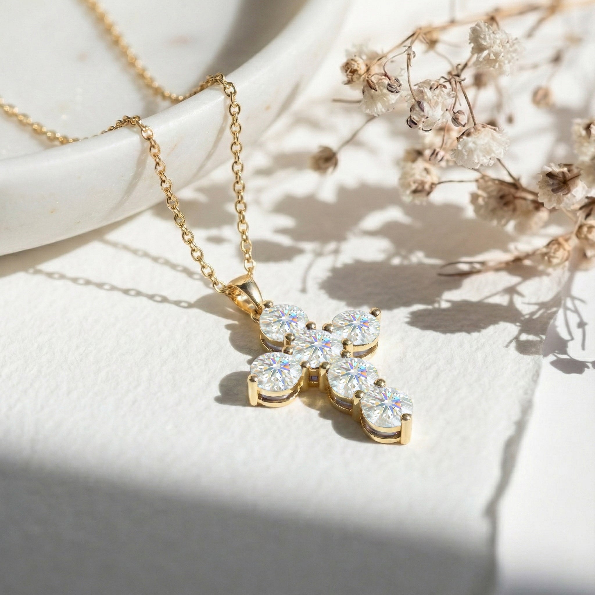 Simulated Diamond Round Cross Pendant Necklace in Yellow Gold Plated 3.90ct