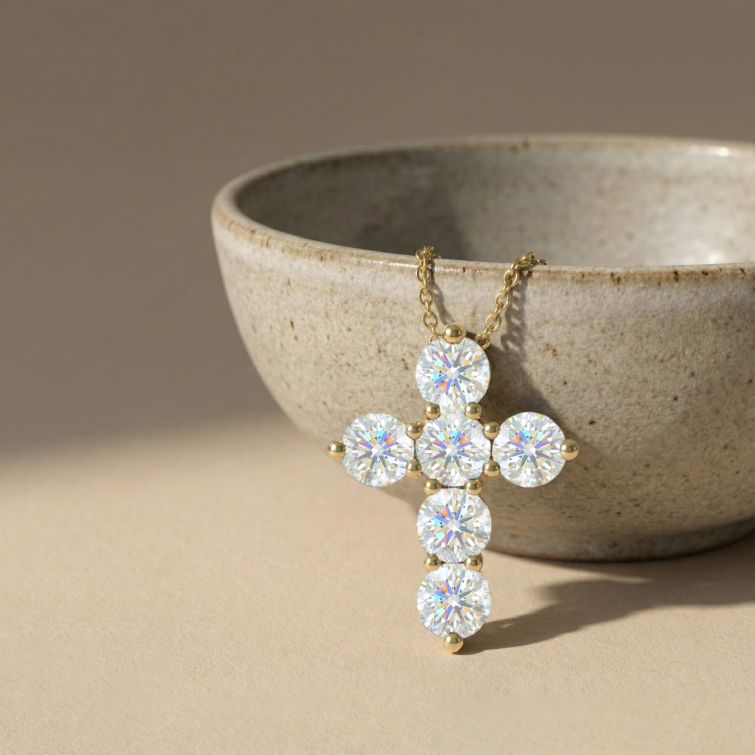 Simulated Diamond Round Cross Pendant Necklace in Yellow Gold Plated 3.90ct