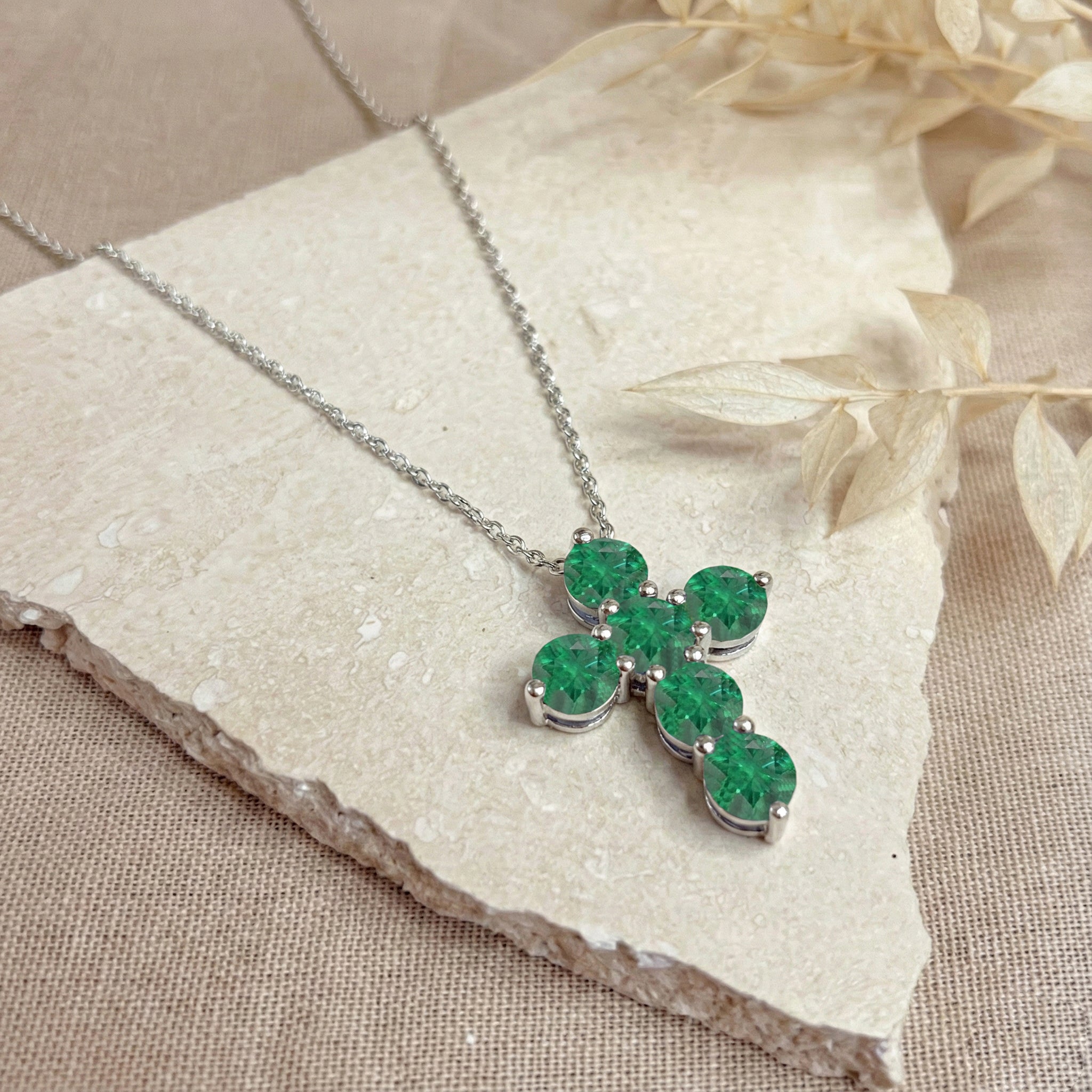 Emerald Round Cross Pendant Necklace in 925 Sterling Silver 3.90ct