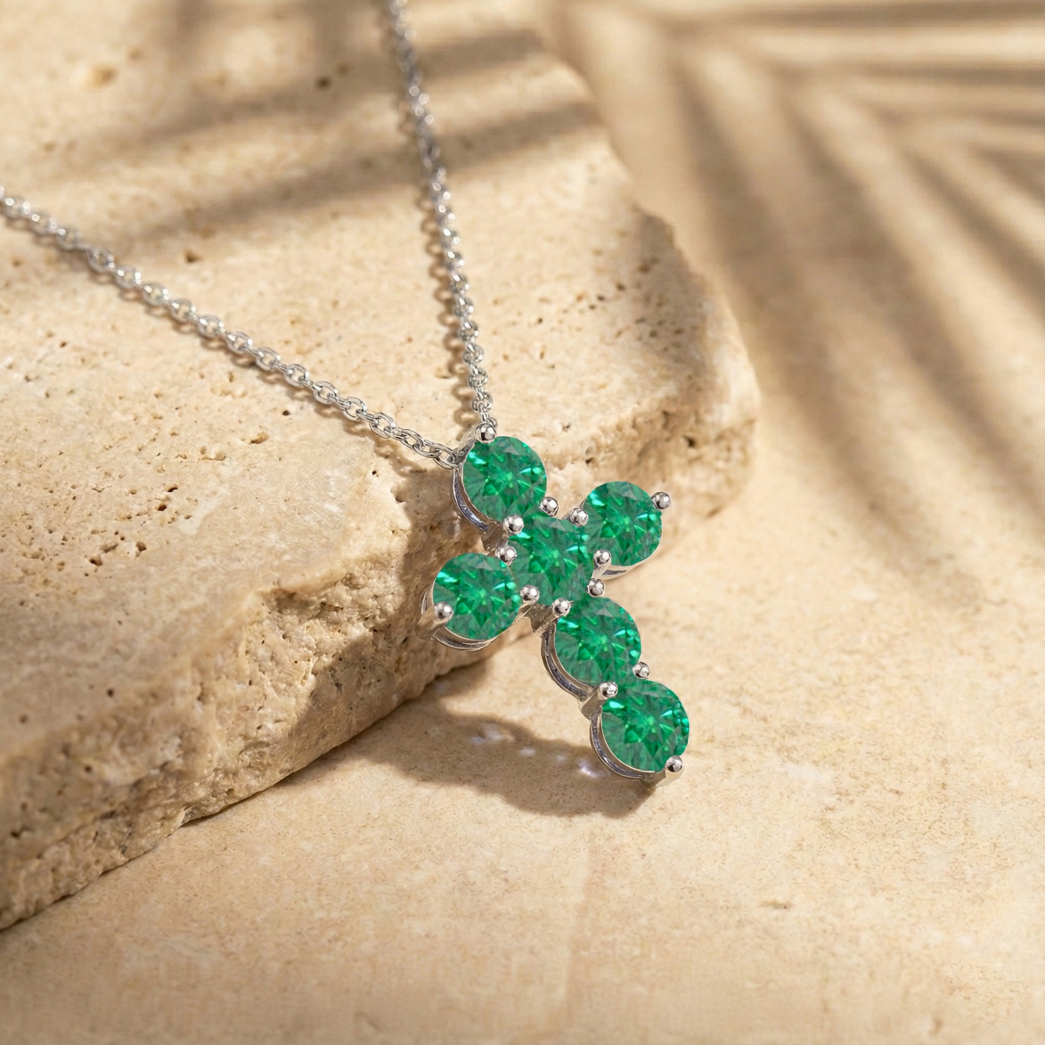 Emerald Round Cross Pendant Necklace in 925 Sterling Silver 3.90ct