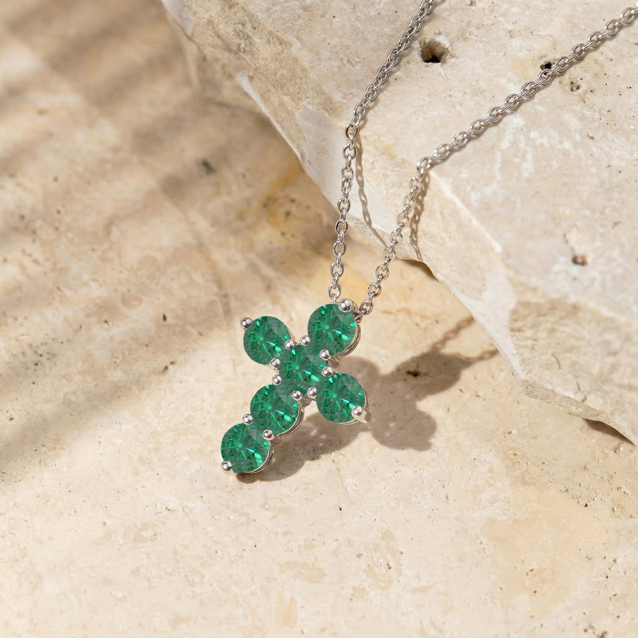 Emerald Round Cross Pendant Necklace in 925 Sterling Silver 3.90ct