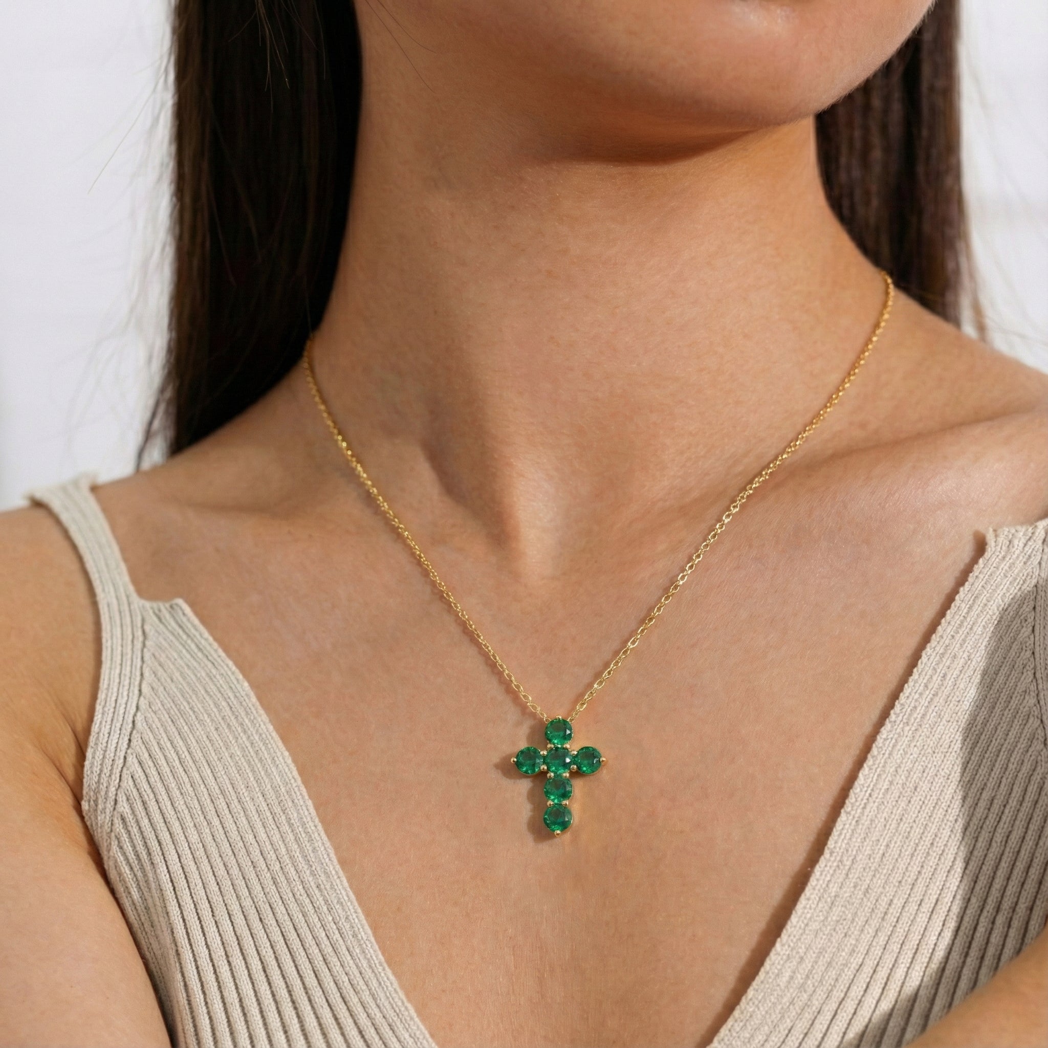 Emerald Round Cross Pendant Necklace in Yellow Gold Plated 3.90ct