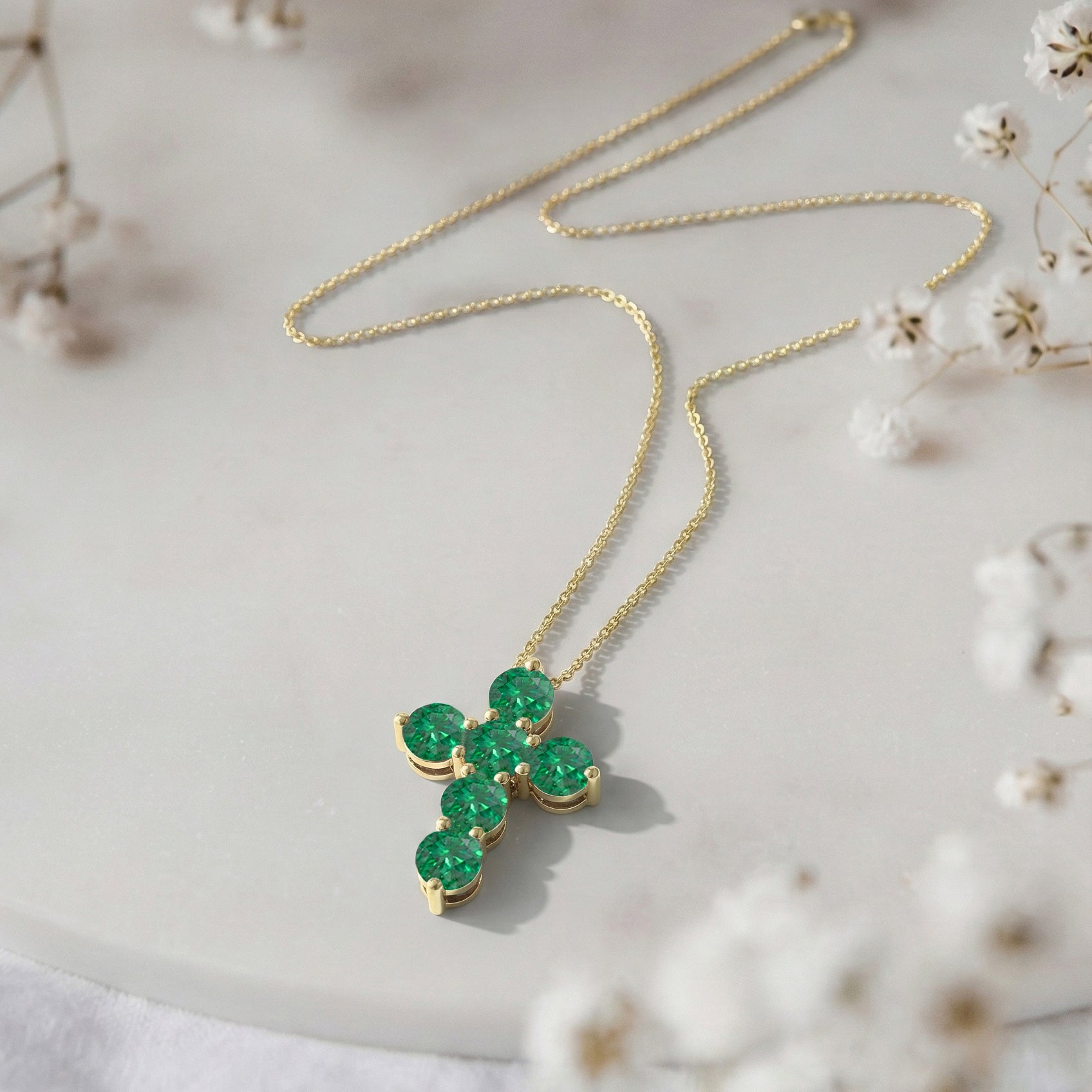 Emerald Round Cross Pendant Necklace in 925 Sterling Silver 3.90ct