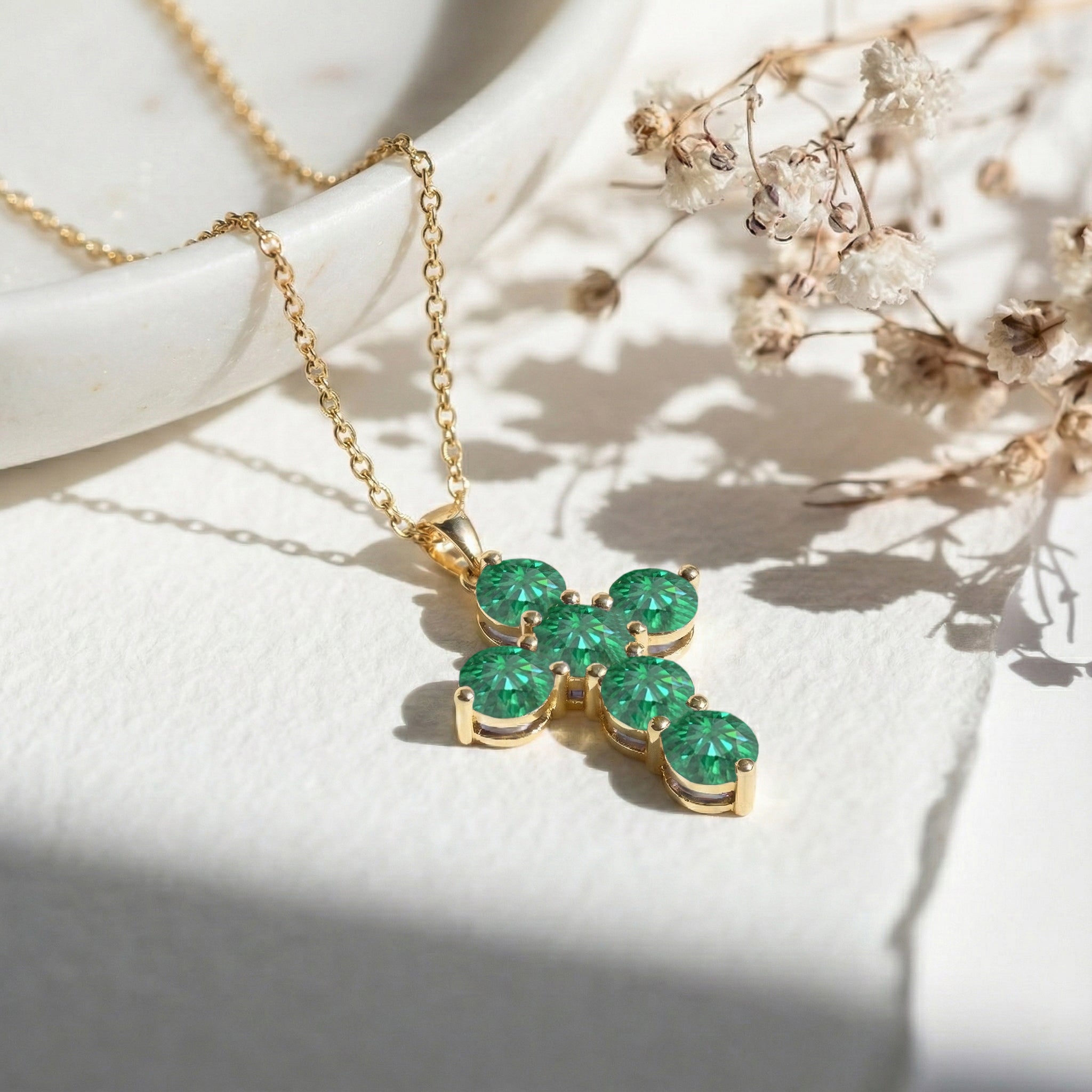Emerald Round Cross Pendant Necklace in Yellow Gold Plated 3.90ct