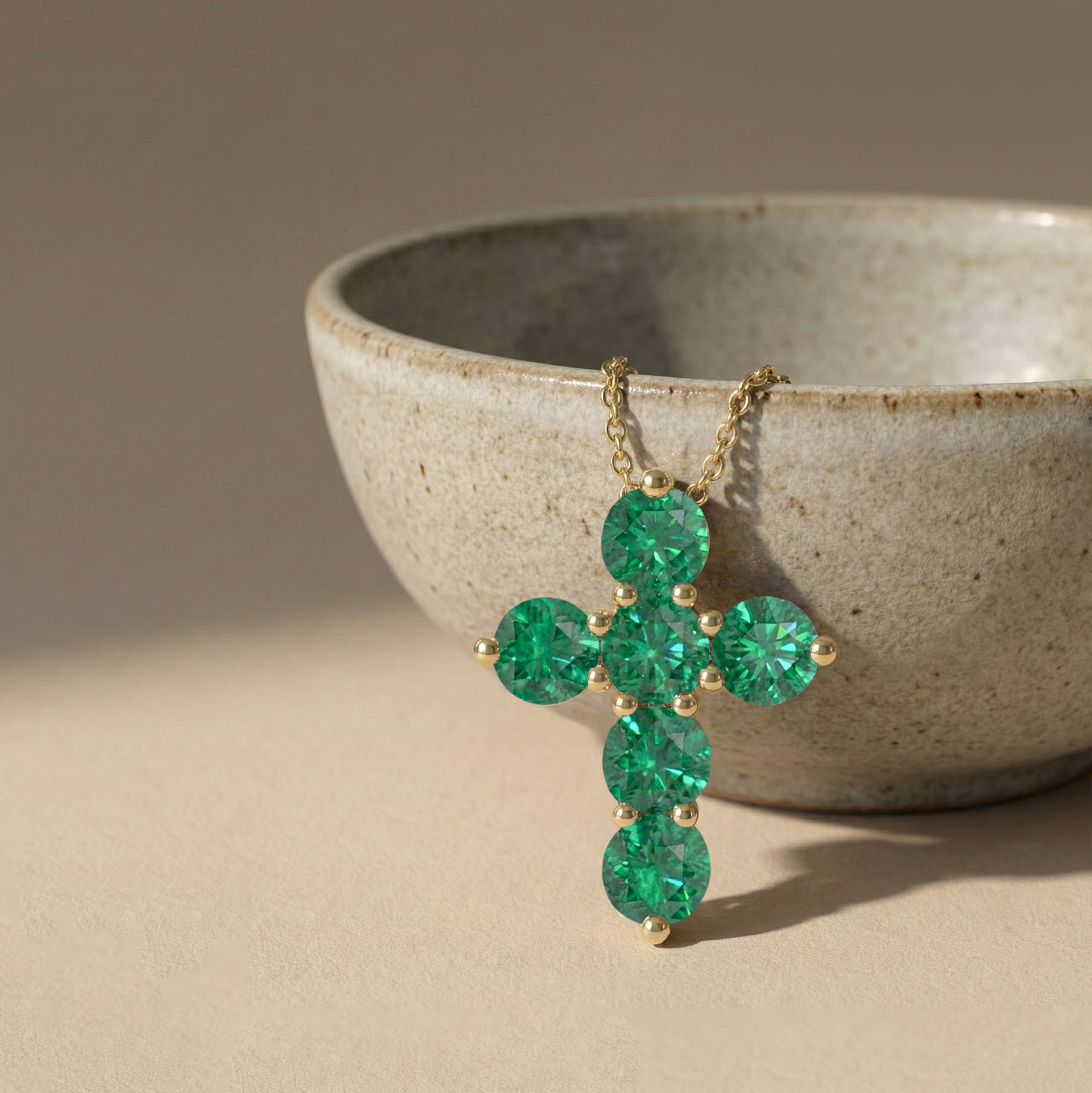 Emerald Round Cross Pendant Necklace in Yellow Gold Plated 3.90ct