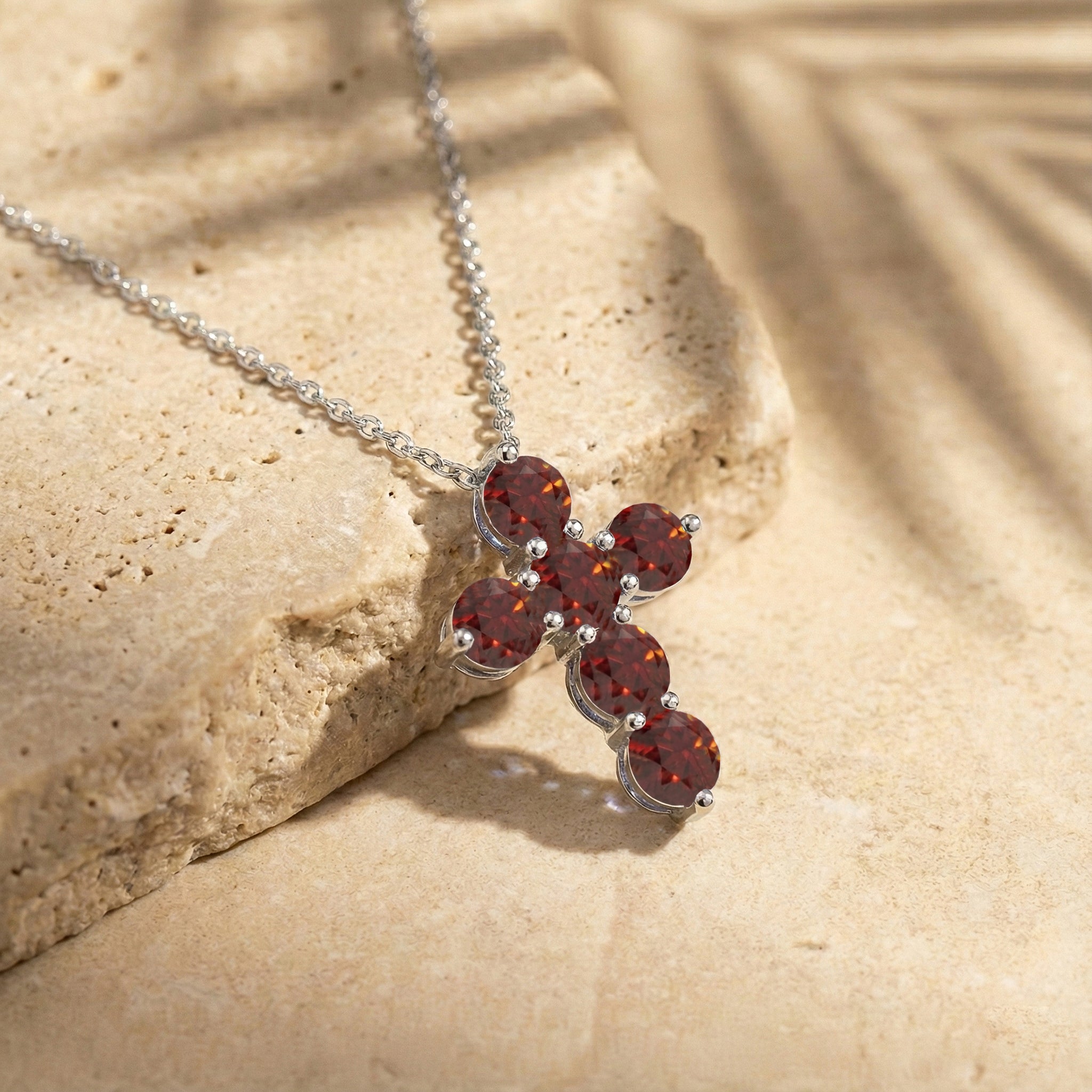 Garnet Round Cross Pendant Necklace in 925 Sterling Silver 3.90ct