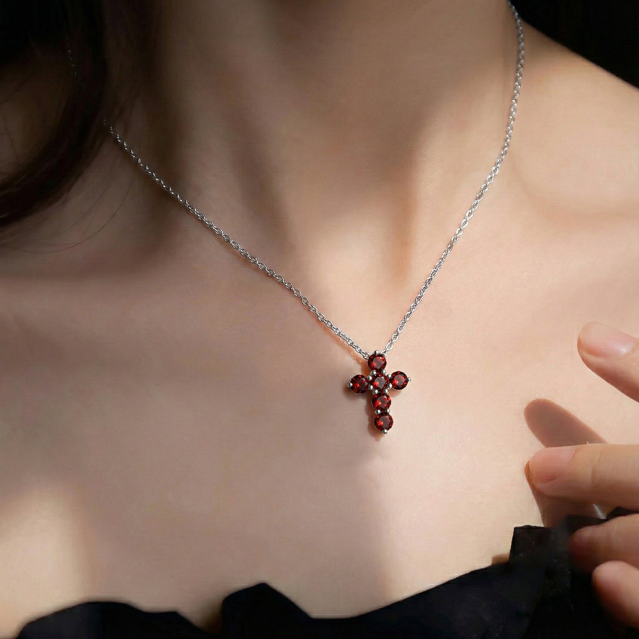 Garnet Round Cross Pendant Necklace in 925 Sterling Silver 3.90ct
