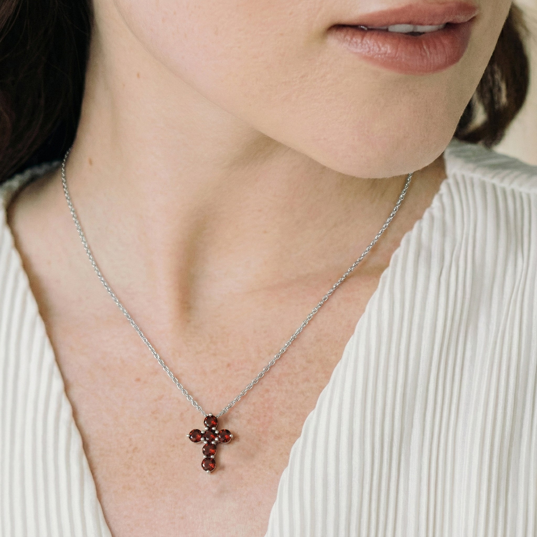 Garnet Round Cross Pendant Necklace in 925 Sterling Silver 3.90ct