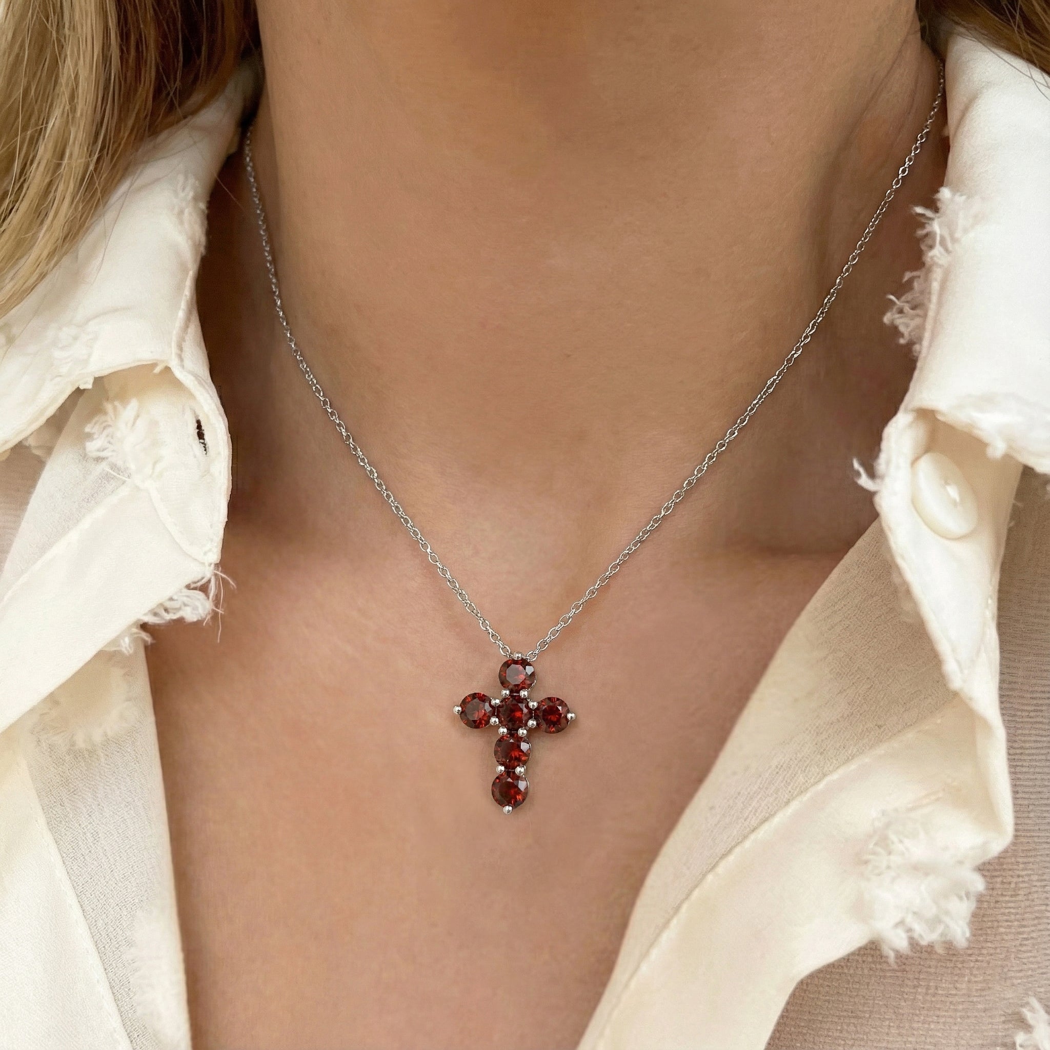 Garnet Round Cross Pendant Necklace in 925 Sterling Silver 3.90ct