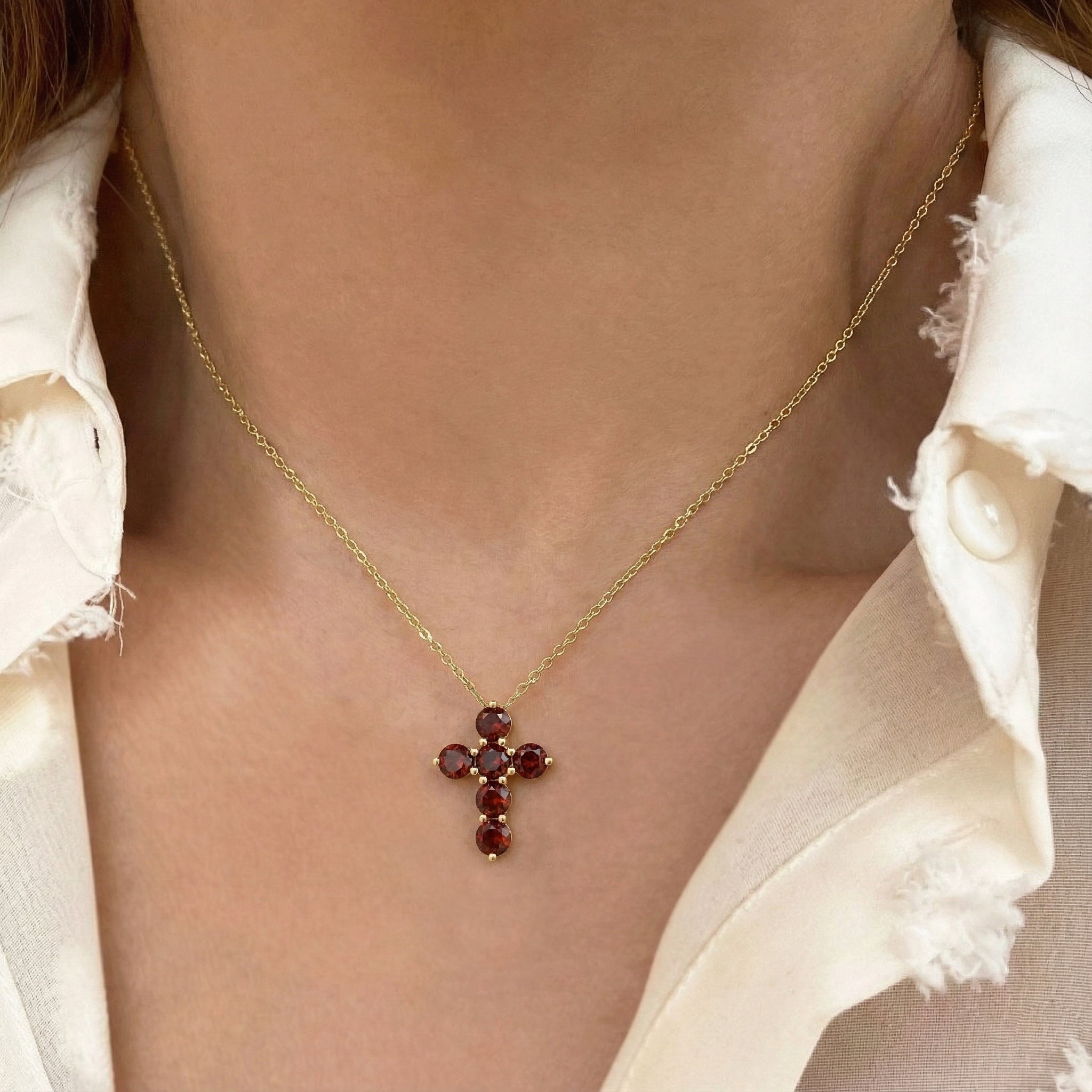 Garnet Round Cross Pendant Necklace in Yellow Gold Plated 3.90ct