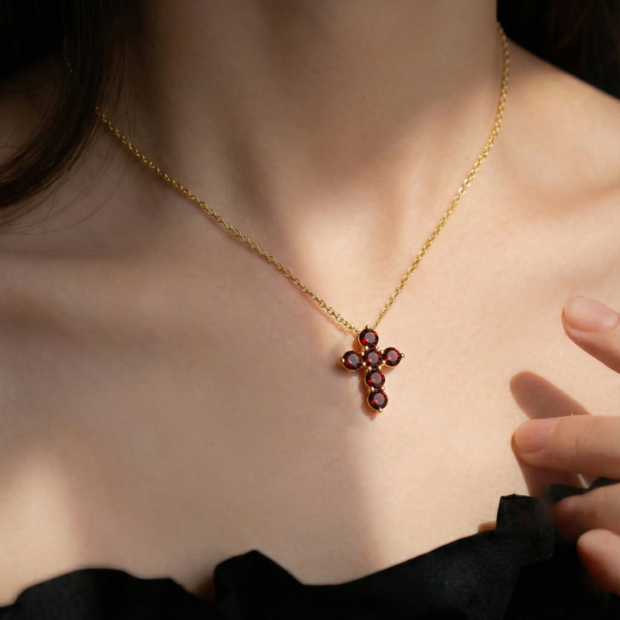 Garnet Round Cross Pendant Necklace in Yellow Gold Plated 3.90ct