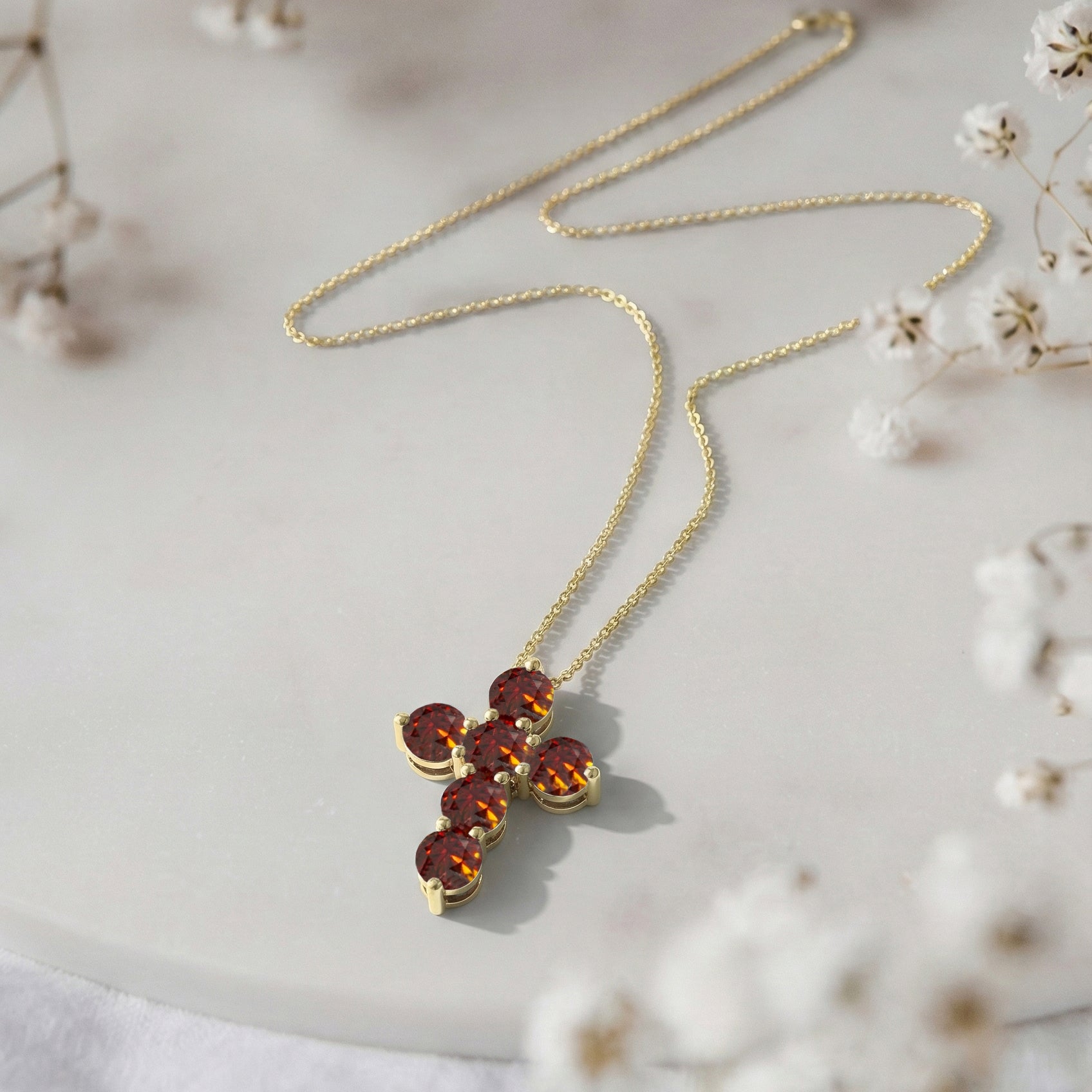 Garnet Round Cross Pendant Necklace in Yellow Gold Plated 3.90ct