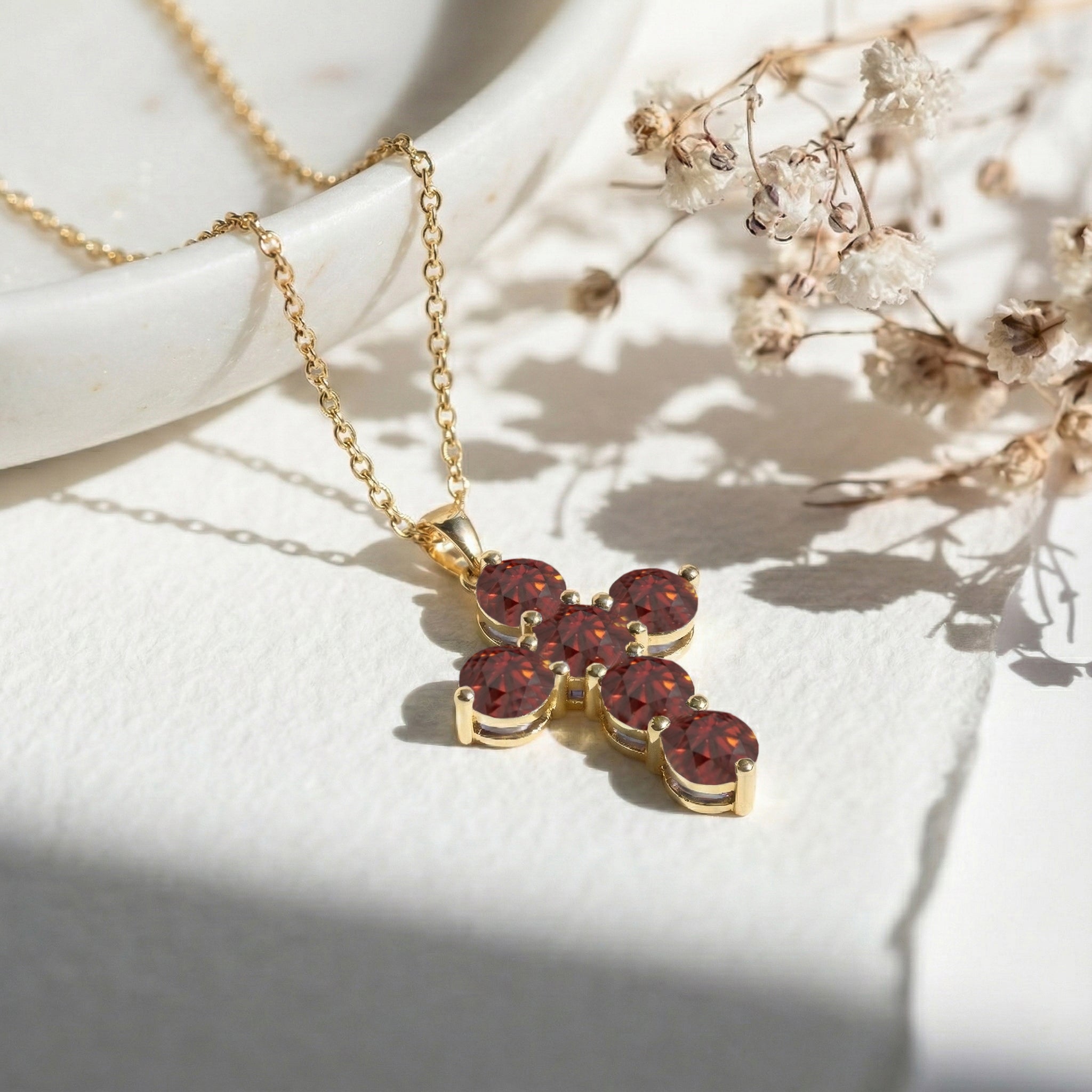 Garnet Round Cross Pendant Necklace in Yellow Gold Plated 3.90ct