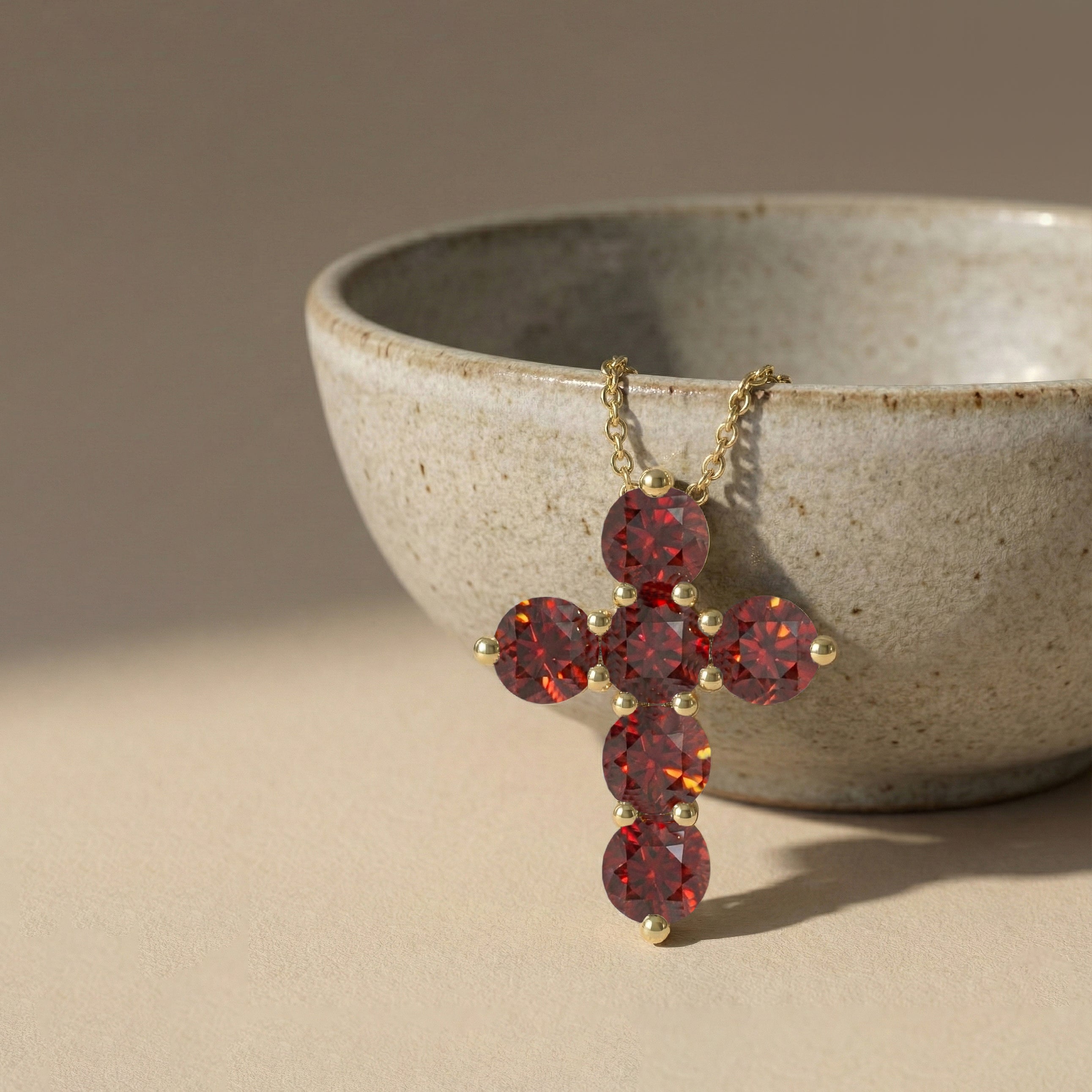 Garnet Round Cross Pendant Necklace in Yellow Gold Plated 3.90ct