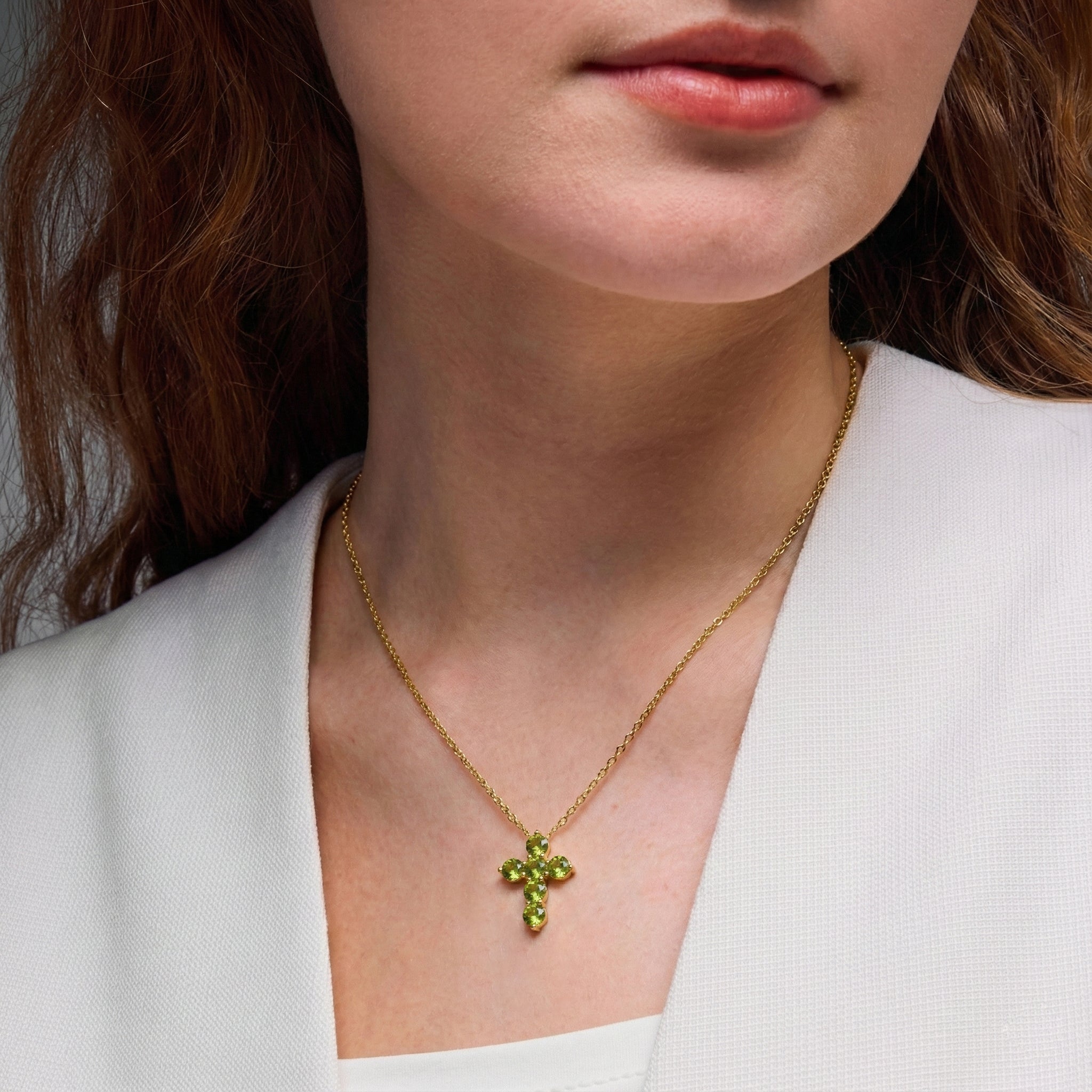 Peridot Round Cross Pendant Necklace in Yellow Gold Plated 3.90ct